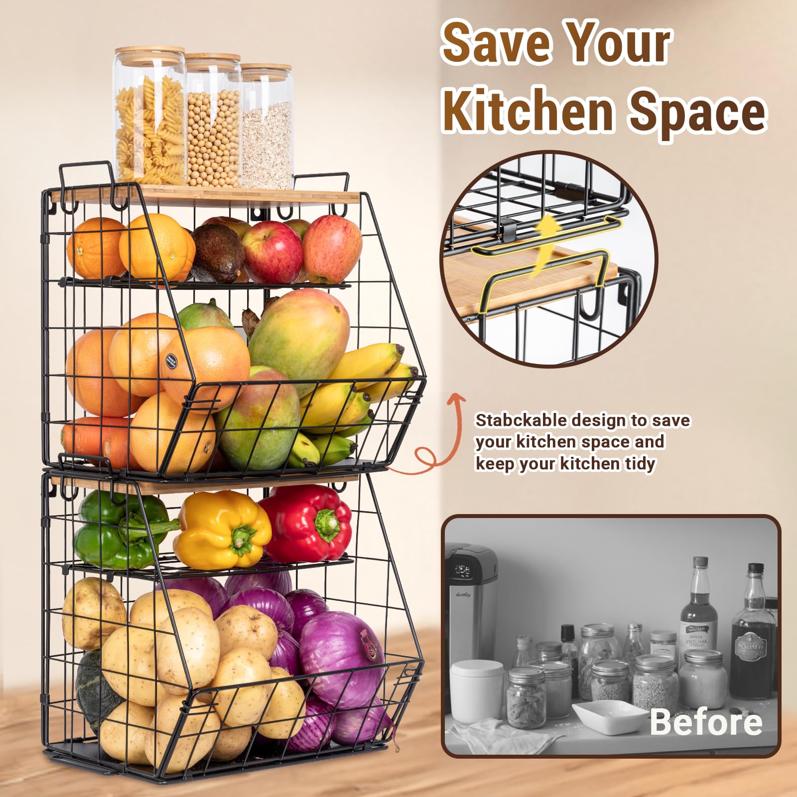 3-Tier Bamboo Fruit Basket with Cutting Board - Stackable Kitchen Organizer for Fruits, Vegetables, Onions & Potatoes - Countertop, Cabinet & Pantry Storage Solution - Perfect for Small Kitchen Organization & Space Saving