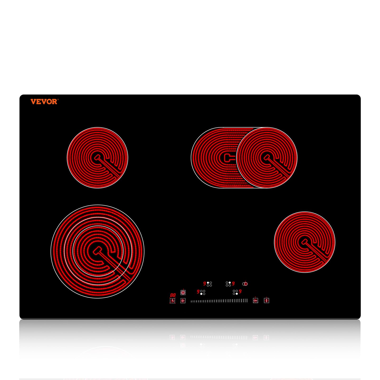 VEVOR 30-Inch Built-in Electric Stove Top with 4 Burners - 240V Glass Radiant Cooktop with Sensor Touch Control, Timer & Child Lock - 9 Power Levels for Simmering, Steaming, Slow Cooking & Frying - Perfect for Modern Kitchens, Home Chefs & Cooking Enthusiasts