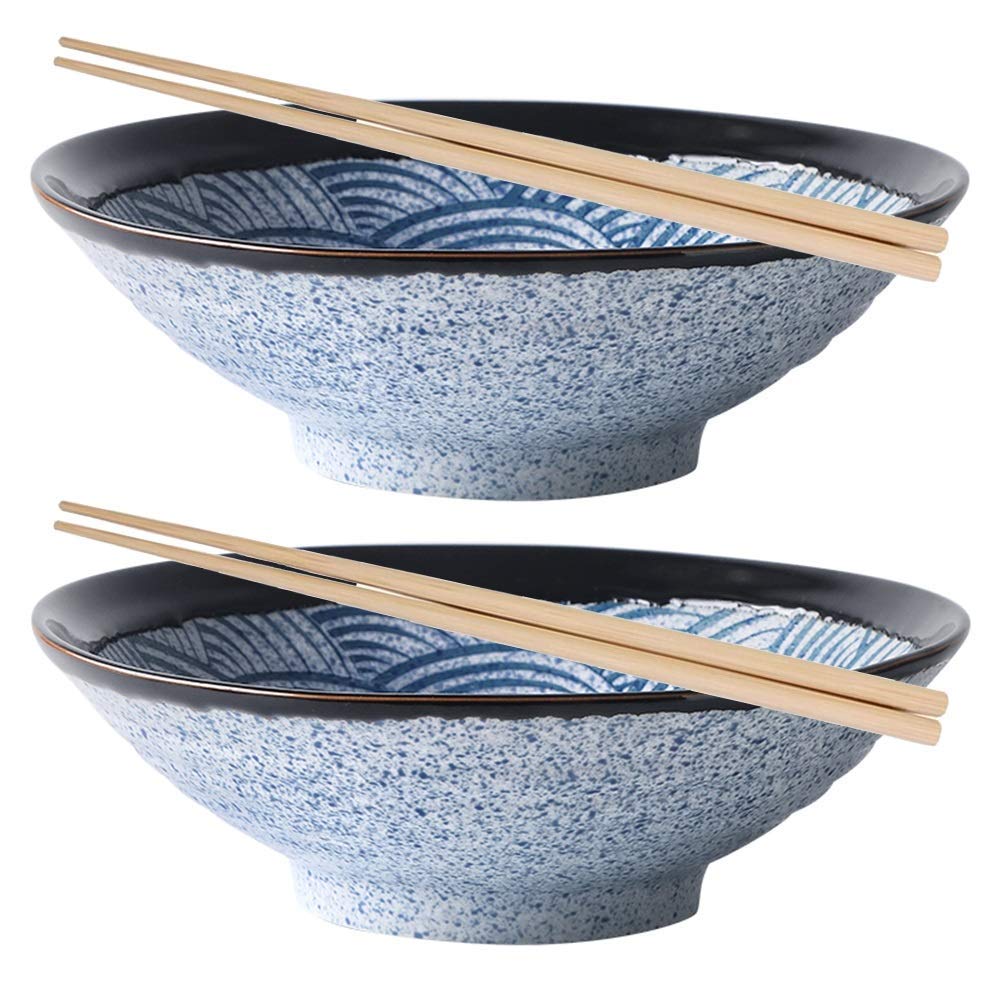 44oz Porcelain Soup Bowls Set with Chopsticks - Microwave & Dishwasher Safe Stackable Wavy Pasta Bowls for Cereal, Stew, Ice Cream - Perfect for Dining, Entertaining & Meal Prep