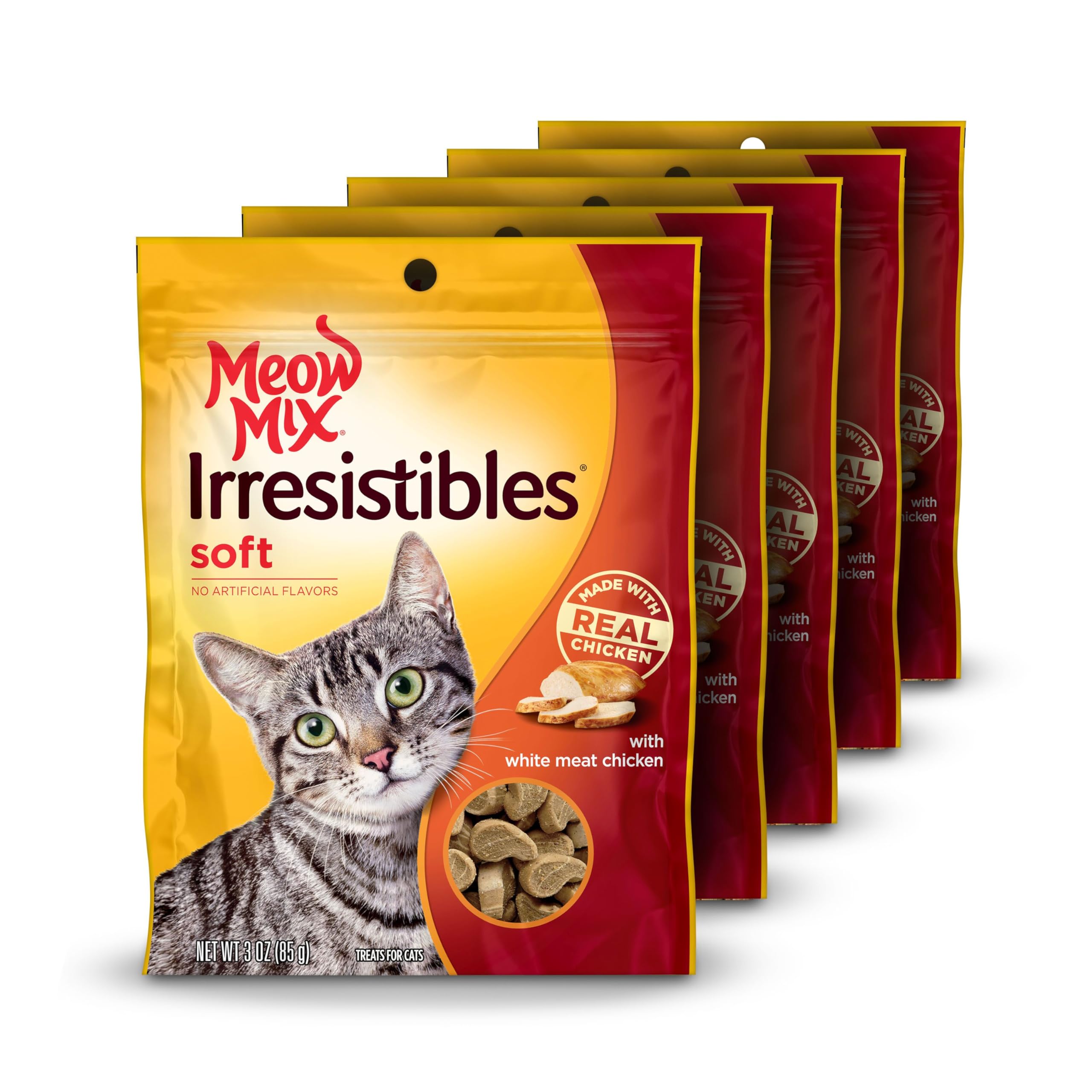 Meow Mix Irresistibles Soft Cat Treats - White Meat Chicken Flavor, 3oz (5 Pack) | Delicious & Healthy Cat Snacks for Training, Rewards & Bonding