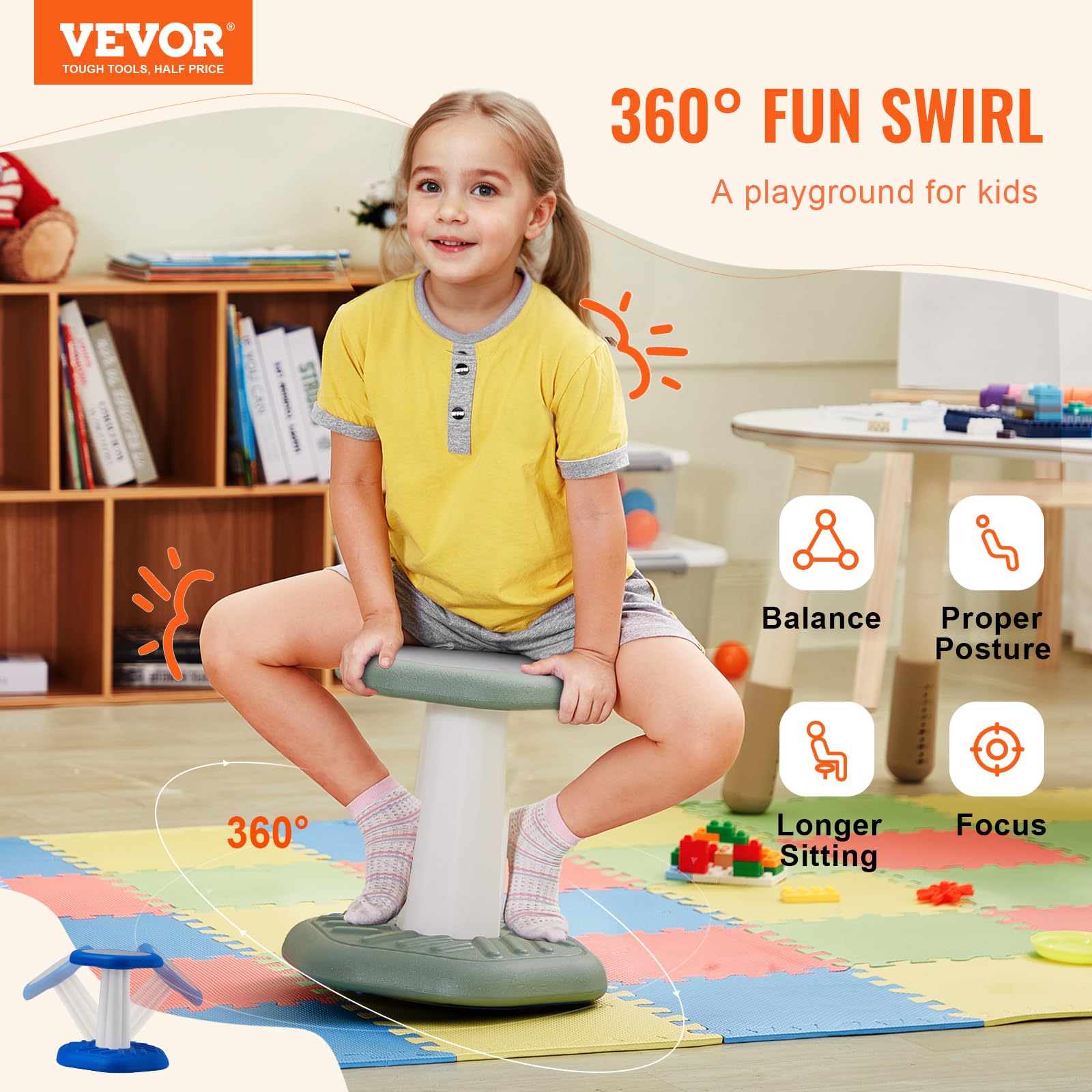 VEVOR Kids Wobble Chair with Sponge Cushion - Adjustable Active Stool for Improved Focus & Posture, Calming Sensory Seat for Ages 3-7, Green - Perfect for Classrooms, Homeschooling & ADHD Therapy