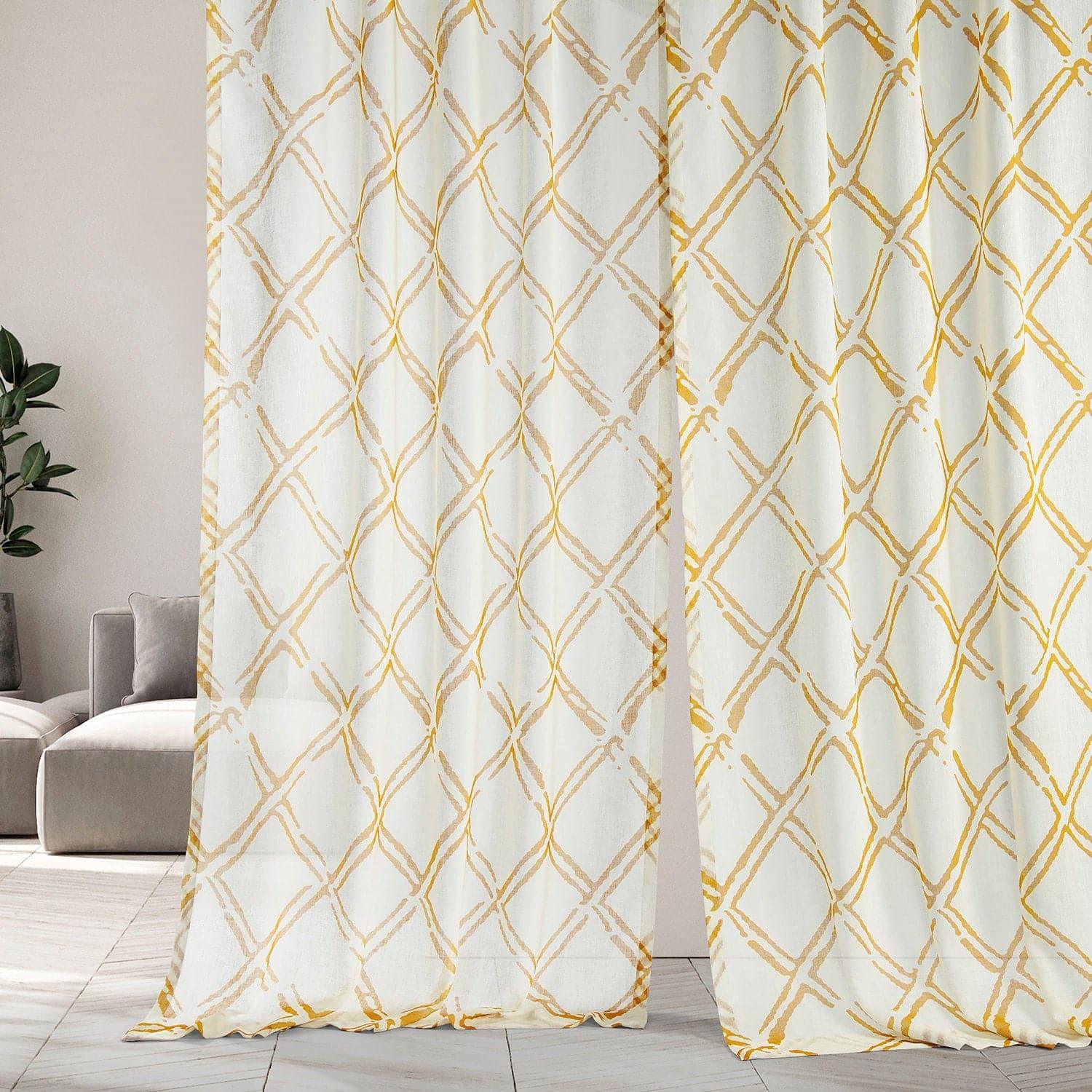 Normandy Gold Geometric Printed Sheer Curtains for Living Room & Bedroom - Elegant Window Treatment for Home Decor