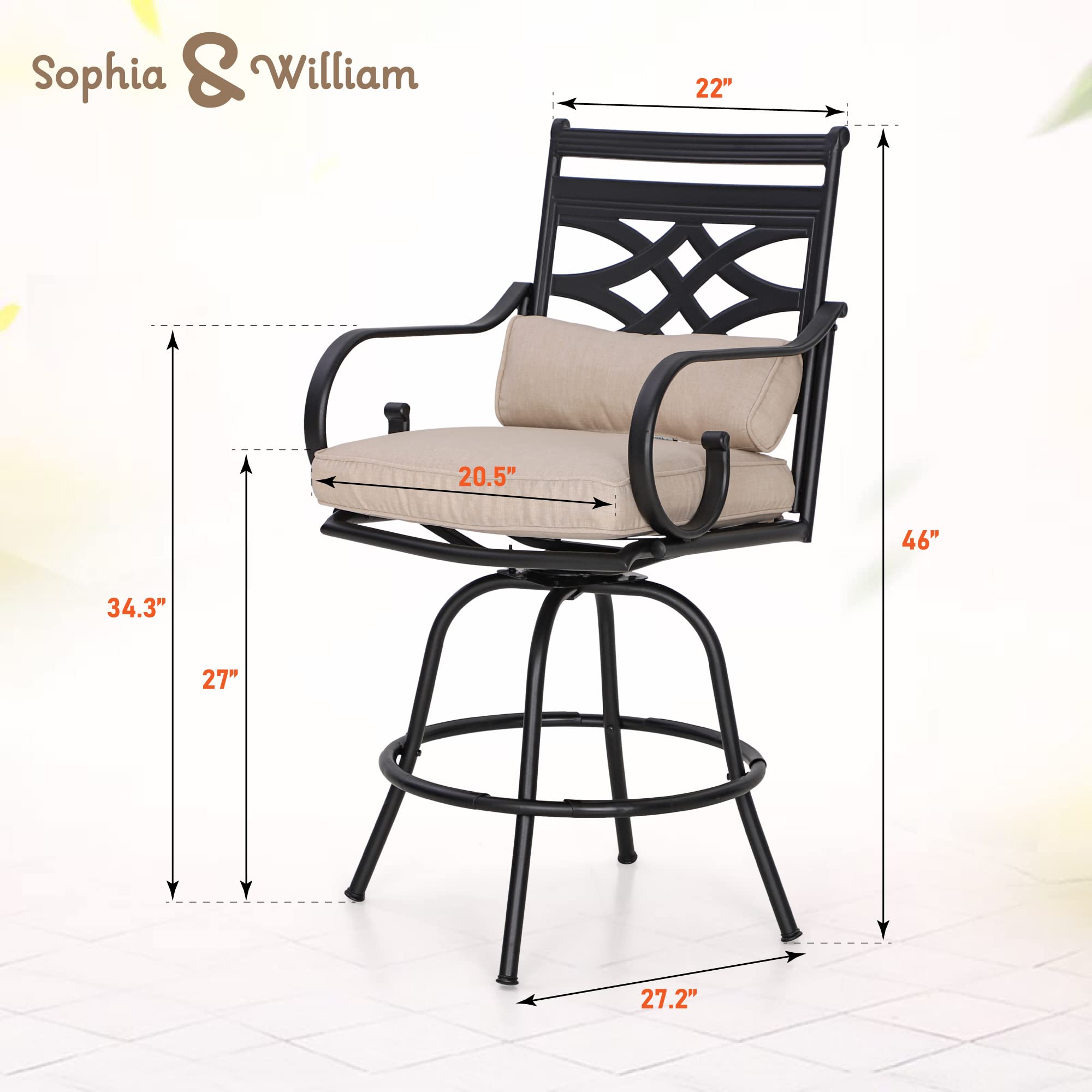 Sophia & William 2-Piece Swivel Bar Stool Set with Seat Cushion - Adjustable Height Counter Stools for Kitchen Island, Outdoor Patio, and Home Bar Decor