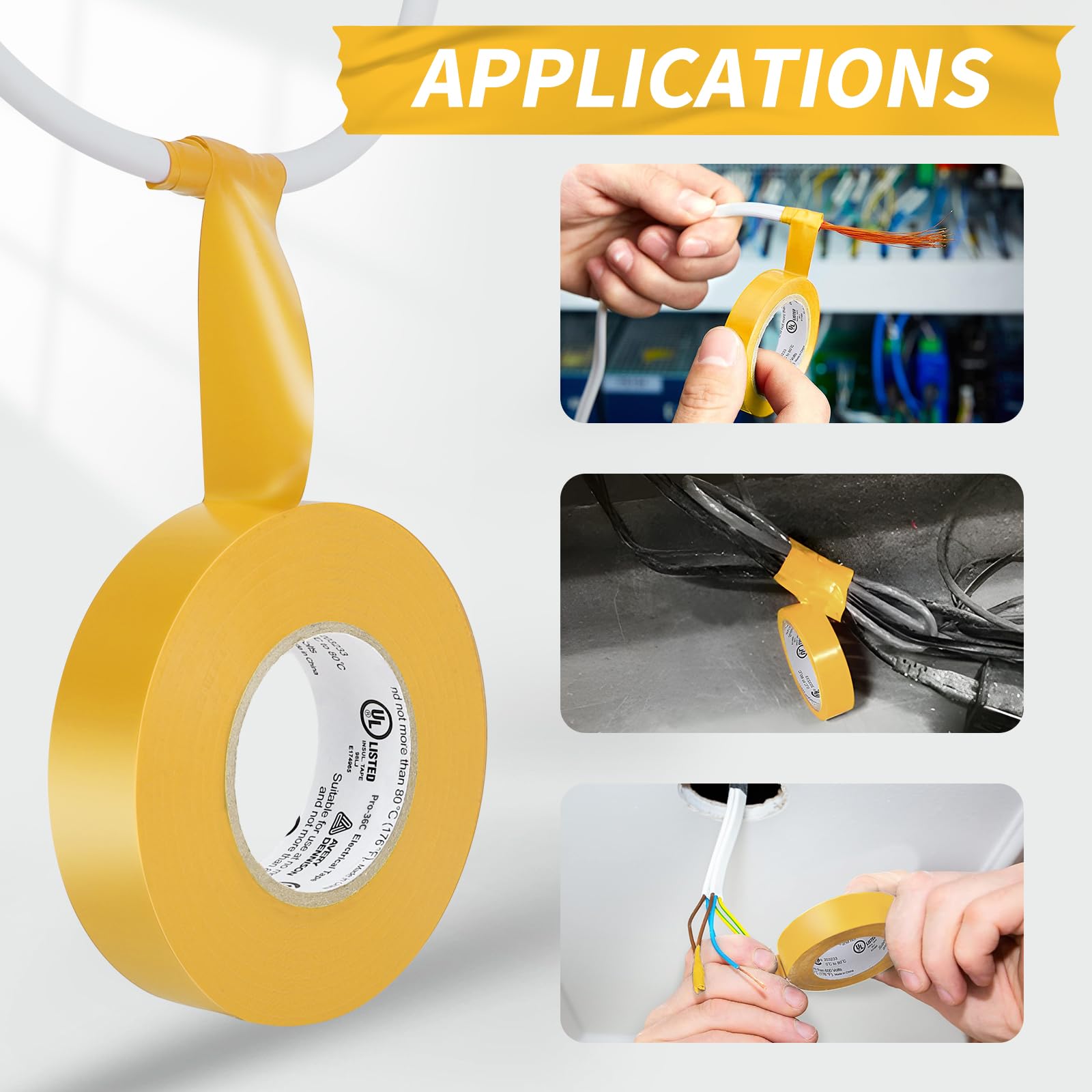 Professional Grade PVC Electrical Tape - UL/CSA Listed Insulating Vinyl Tape for Electrical Repairs, Automotive & Equipment (3/4 in x 66 ft, Yellow, 10 Rolls) - Ideal for Wiring, Harness Protection & DIY Projects