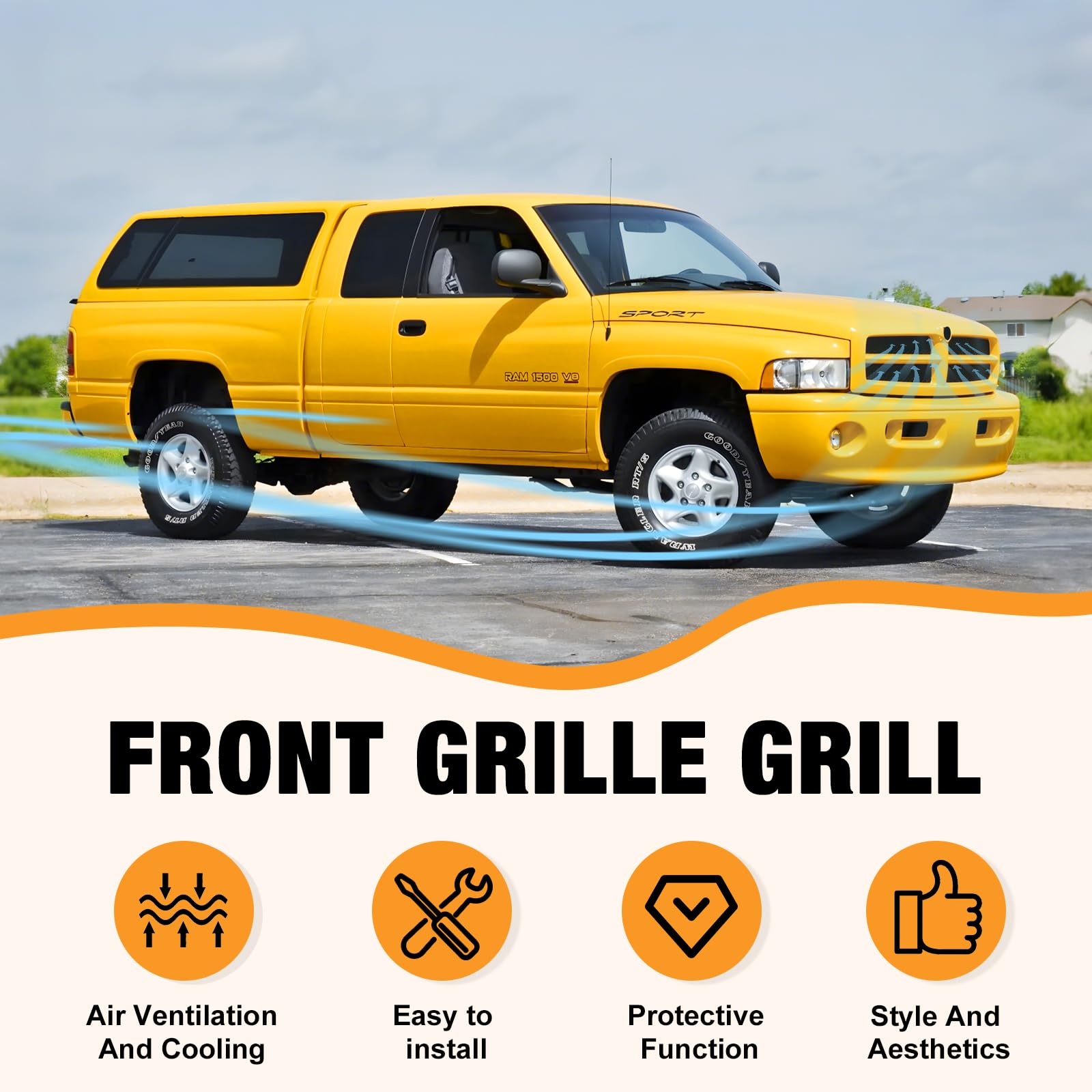 Matte Black Front Grille Assembly with Honeycomb Insert for Dodge Ram 1500/2500/3500 (1999-2002) - Compatible with Standard, Extended & Crew Cab Models - Upgrade Your Truck's Style for Off-Roading & Daily Driving