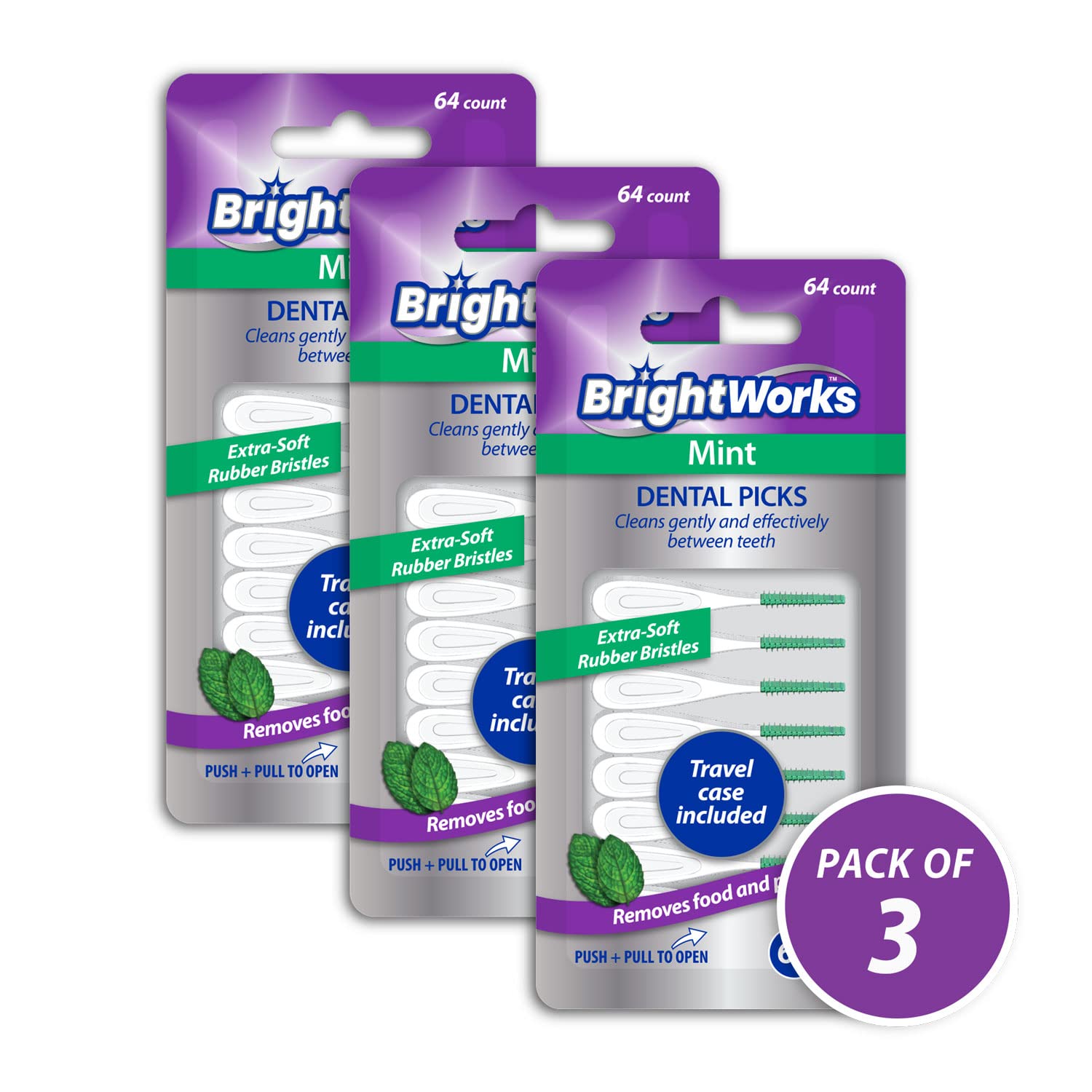 Premium Mint Dental Picks with Extra Soft Rubber Bristles & Flexible Tip - Gentle Effective Teeth Cleaning for Braces, Gums & Tight Spaces - Includes Travel Case (3 Packs, 192 Count Total) - Perfect for Travel, Home & Office Oral Care
