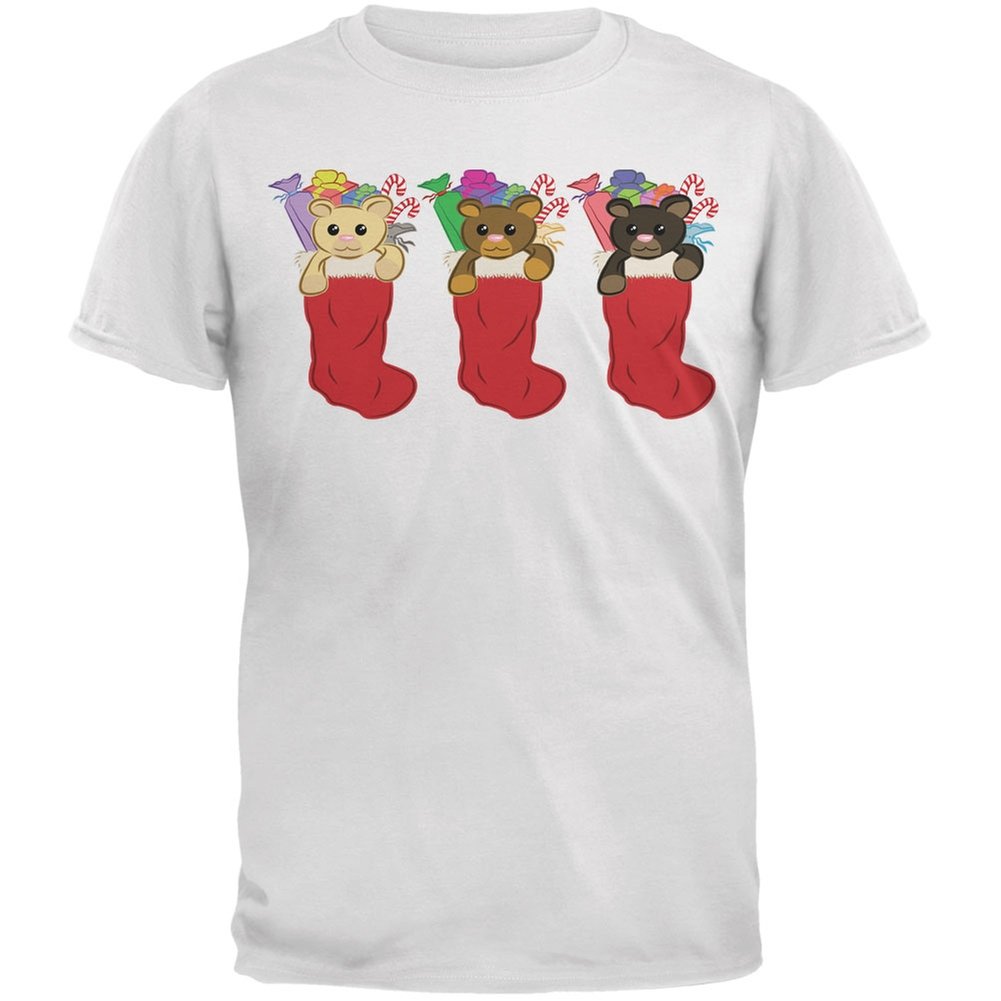 Christmas Stockings 3 Teddies White Adult T-Shirt - Festive Holiday Tee for Christmas Parties & Family Gatherings