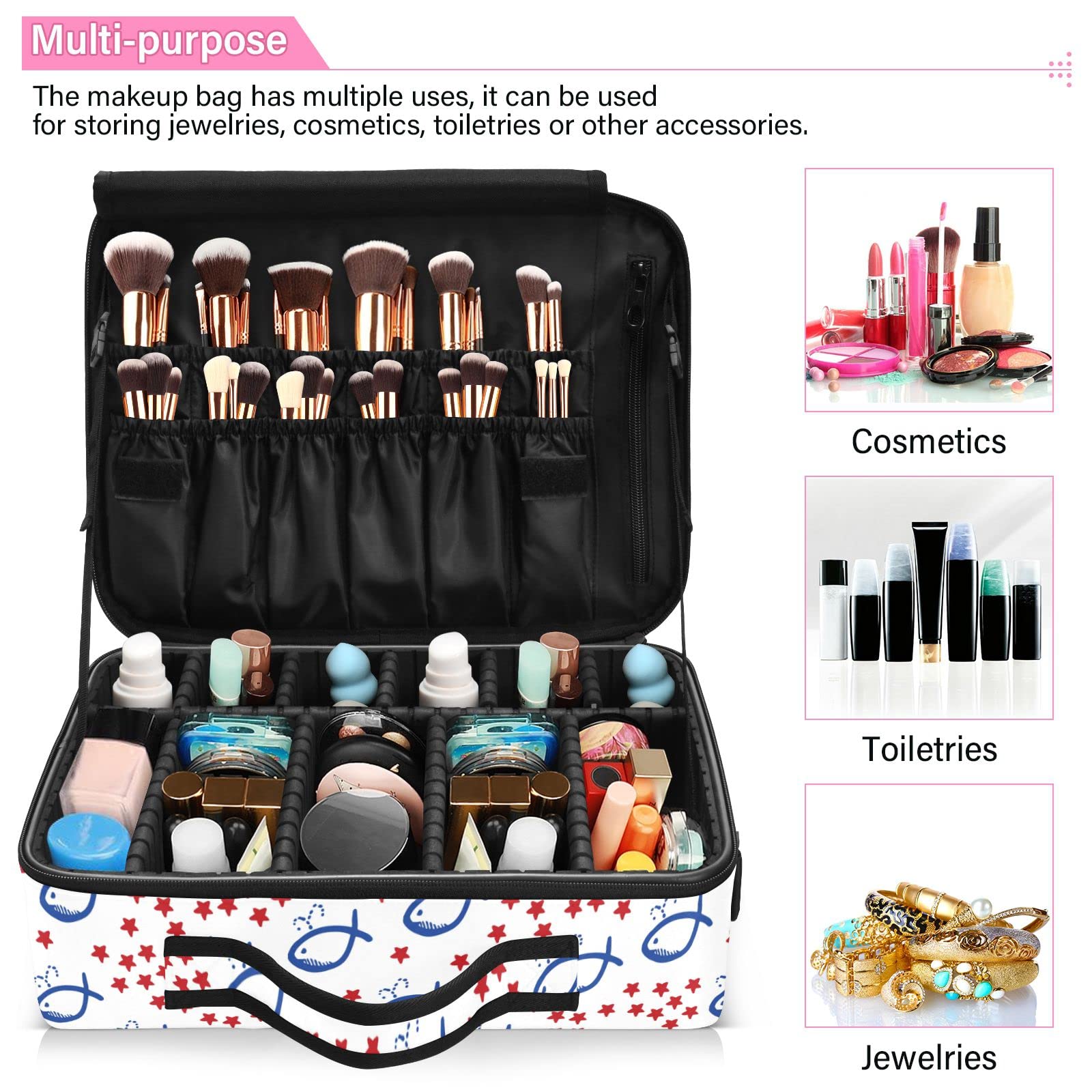 Moyyo Red Star White Travel Makeup Bag for Women - Professional Cosmetic Organizer Case, Portable Makeup Train Case & Artist Storage Bag - Perfect for Travel, Salon, and Daily Makeup Organization