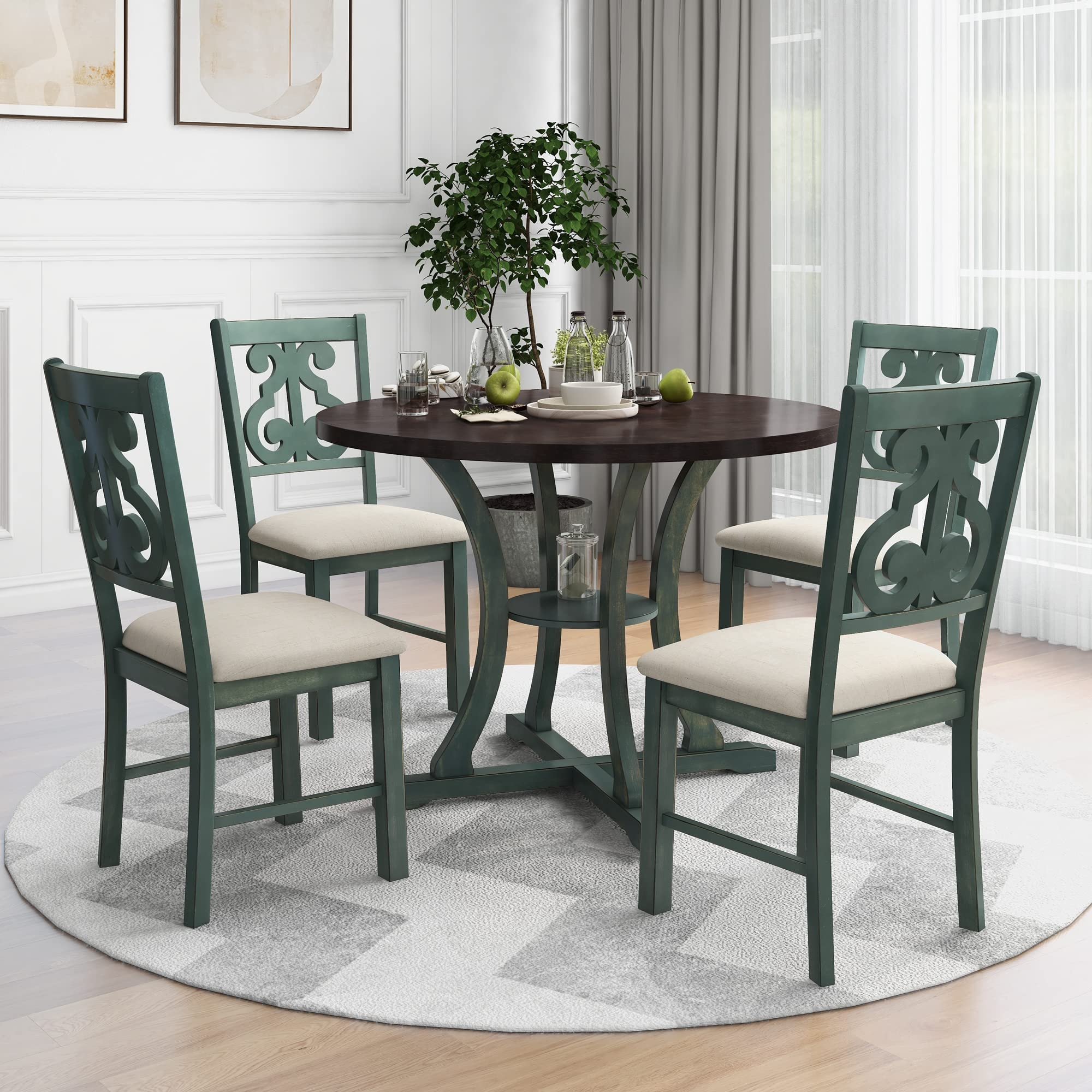 Vintage 5-Piece Round Wood Dining Table Set with 4 Padded Chairs - Antique Blue/Dark Brown Kitchen Furniture with Unique Leg Design | Perfect for Small Spaces, Breakfast Nooks & Cozy Family Meals
