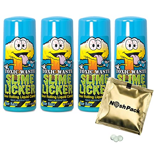 4 Pack Toxic Waste Slime Licker Candy - Blue Razz Flavored Liquid Lickers (2oz Each) for TikTok Challenges & Party Games | Includes Nosh Pack Pocket Mints | Fun Halloween Treats & Prank Gifts for Kids