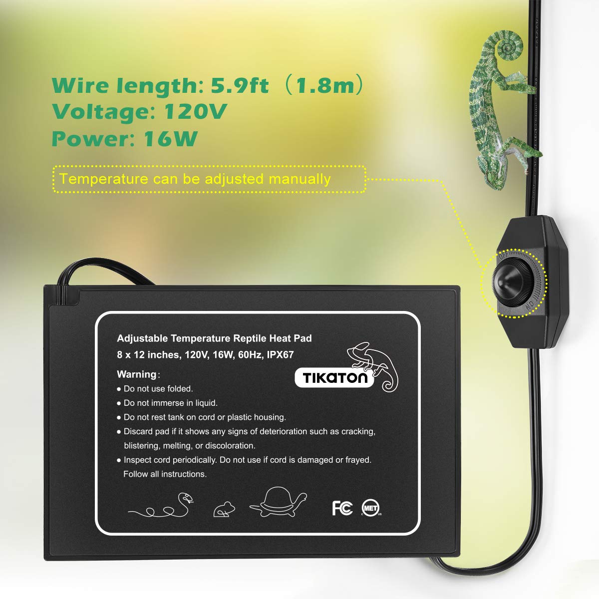 Tikaton Reptile Heat Pad - Adjustable Temperature Under Tank Heater for 10-20 Gallon & 30-40 Gallon Tanks | Terrarium Heat Mat for Turtles, Snakes, Lizards, Frogs, Spiders & Plant Boxes | Perfect for Reptile Habitats & Tropical Plant Growth