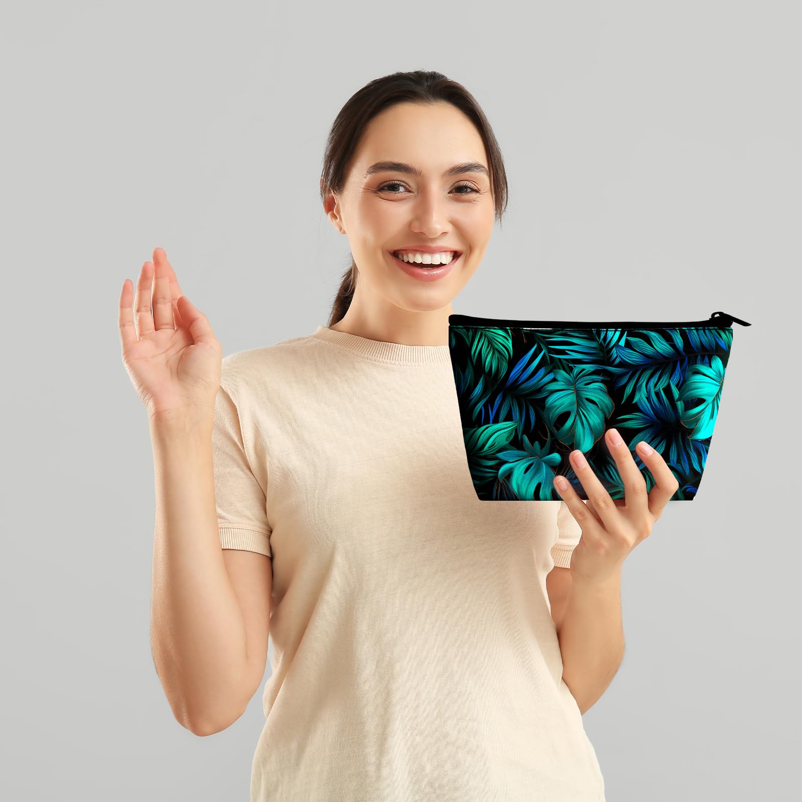 Hawaiian Palm Leaf Makeup Bag for Women - Large Capacity Waterproof Cosmetic Organizer & Mini Travel Pouch Set | Perfect for Vacation, Beach Trips, and Daily Makeup Storage