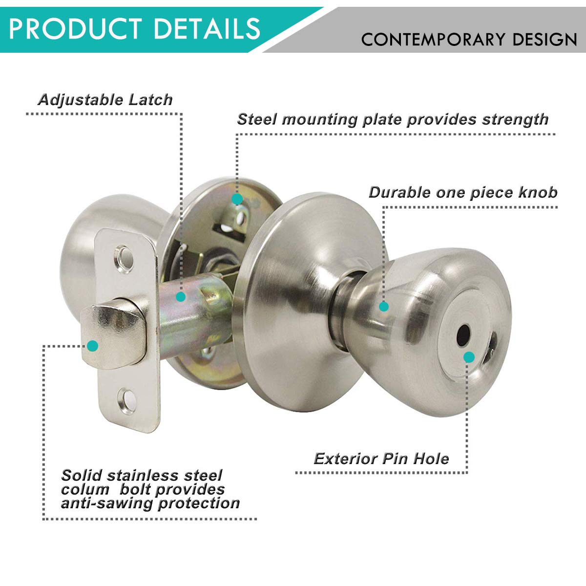 6 Pack Privacy Door Knob with Lock - Keyless Tulip Style in Satin Nickel for Bedroom & Bathroom