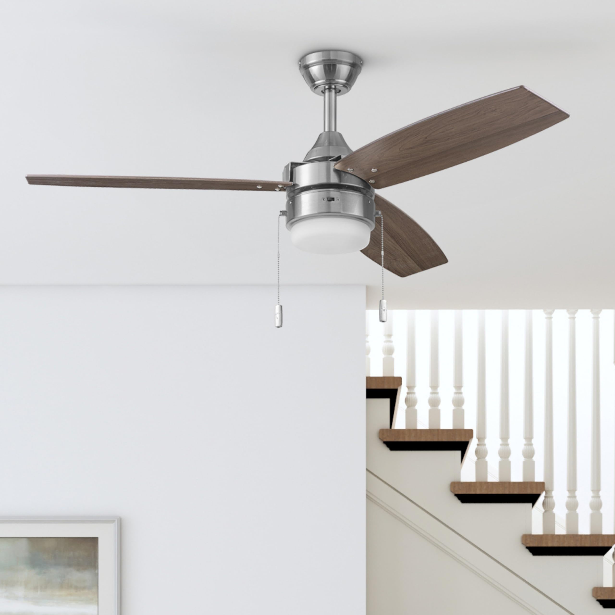 Honeywell 48 Inch Ceiling Fan with Color Changing LED Light, Pull Chain, Dual Mounting Options, 3 Reversible Blades - Brushed Nickel | Indoor Cooling for Living Room, Bedroom & Patio