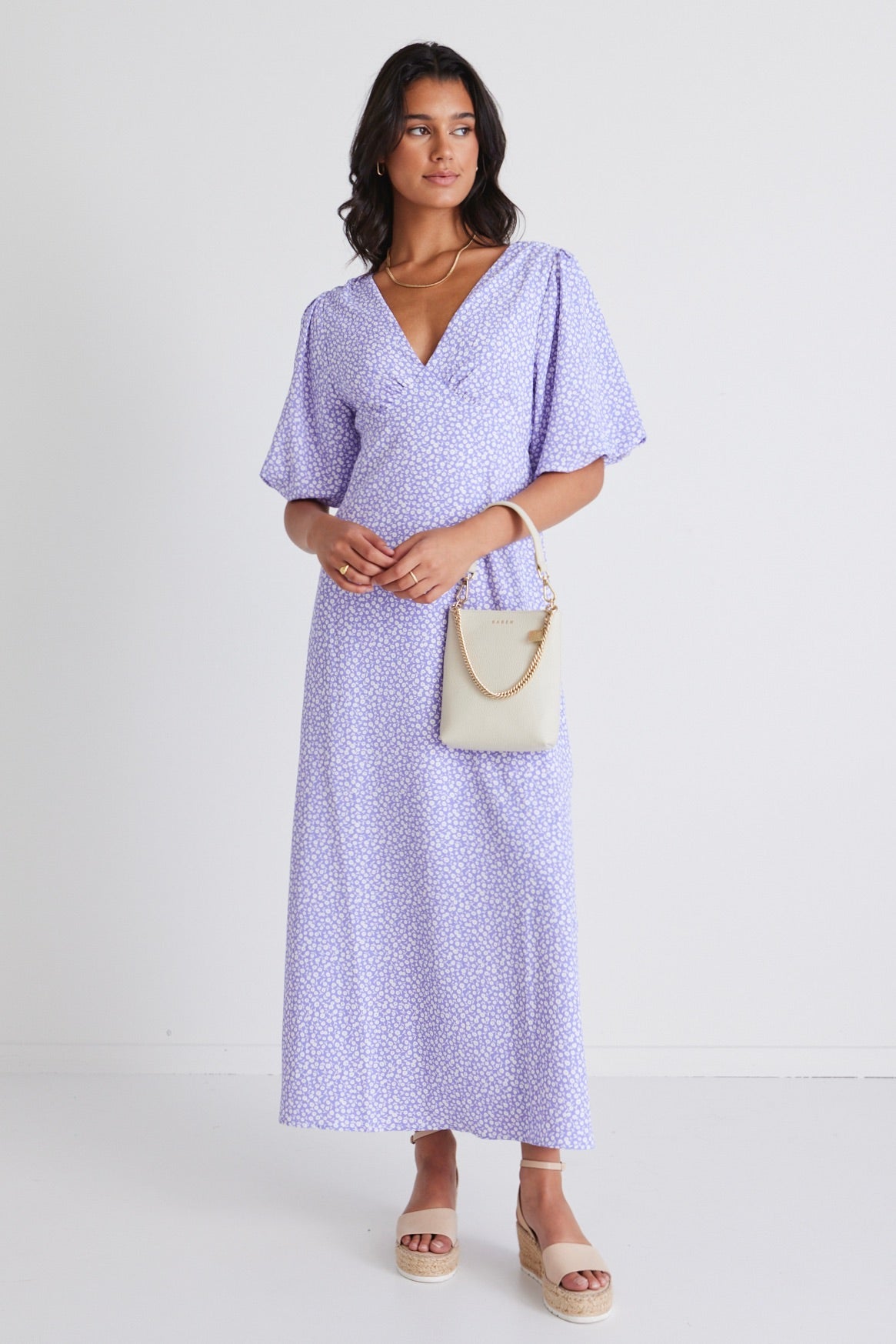Empire Lilac Ditsy Floral Print Puff Sleeve Midi Dress for Women - Perfect for Spring Weddings, Garden Parties & Date Nights