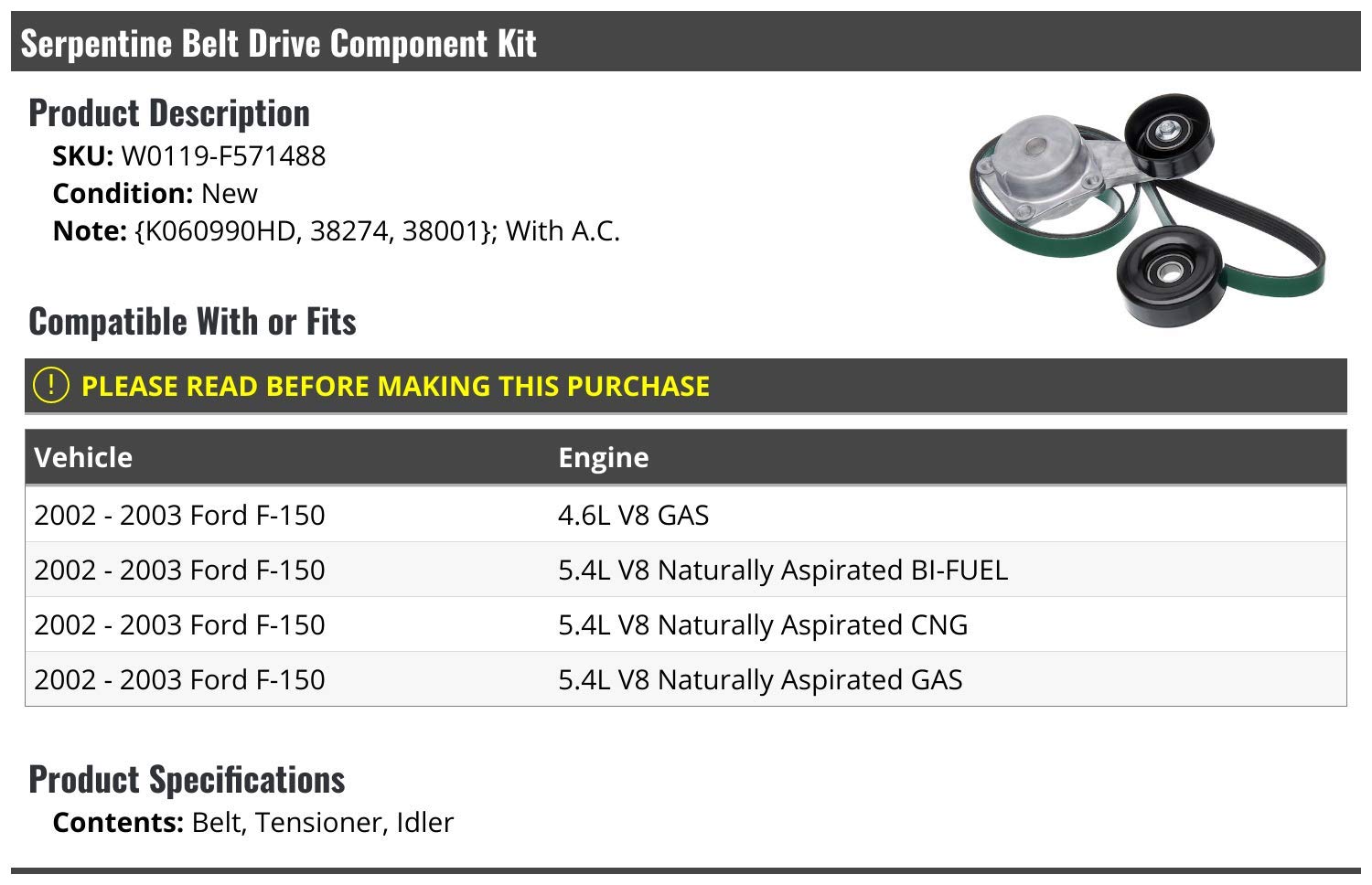 Serpentine Belt Drive Component Kit for 2002-2003 Ford F-150 | Timing Belt Replacement Kit | Engine Maintenance Parts for Smooth Performance & Longevity | Perfect for DIY Repairs & Professional Mechanics