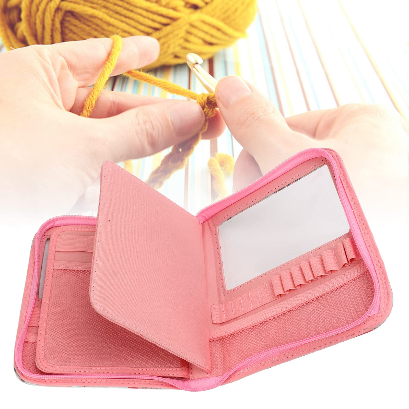 Zerodis DIY Crochet Hook Case - Zippered Storage Organizer Bag with Web Pockets for Knitting Needles & Accessories | Portable Needle Holder for Crochet, Knitting Projects at Home or Travel