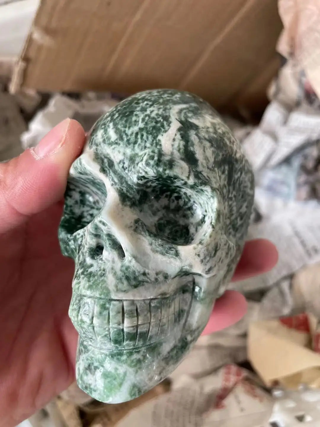 African Green Skull Statuettes - Hand-Carved Natural Stone Healing Decor, Realistic Mineral Sculpture for Home & Office | Spiritual Healing, Meditation & Gothic Decor