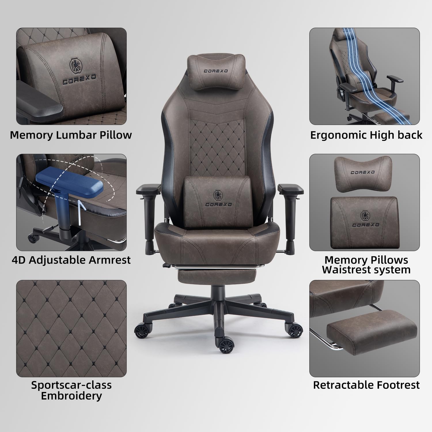 Premium High Back Leather Gaming Chair for Adults - Heavy Duty Ergonomic Office & Video Game Chair with Footrest - 400lbs Weight Capacity (Brown) - Perfect for Esports, Streaming & Home Office Workspaces