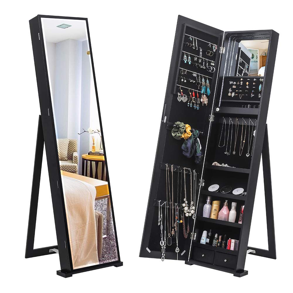 MengK 79 Blue LED Jewelry Cabinet with Long Mirror - Upright Jewelry Storage Organizer for Necklaces, Rings & Accessories (Black) - Perfect for Bedroom, Closet & Dressing Room Organization