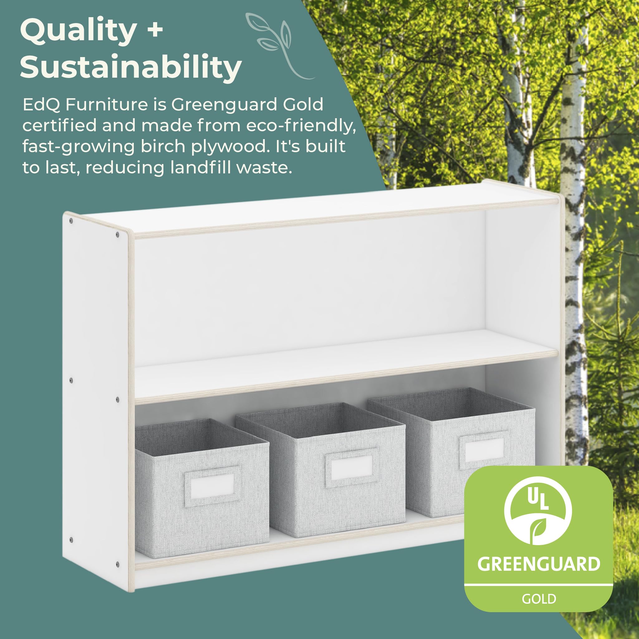 Guidecraft EdQ Two Shelf Open Storage 30'' White with 3 Fabric Bins - Wooden Bookcase & Toy Organizer for Kids | Homeschool & Classroom Furniture | Perfect for Playroom, Bedroom & Learning Spaces