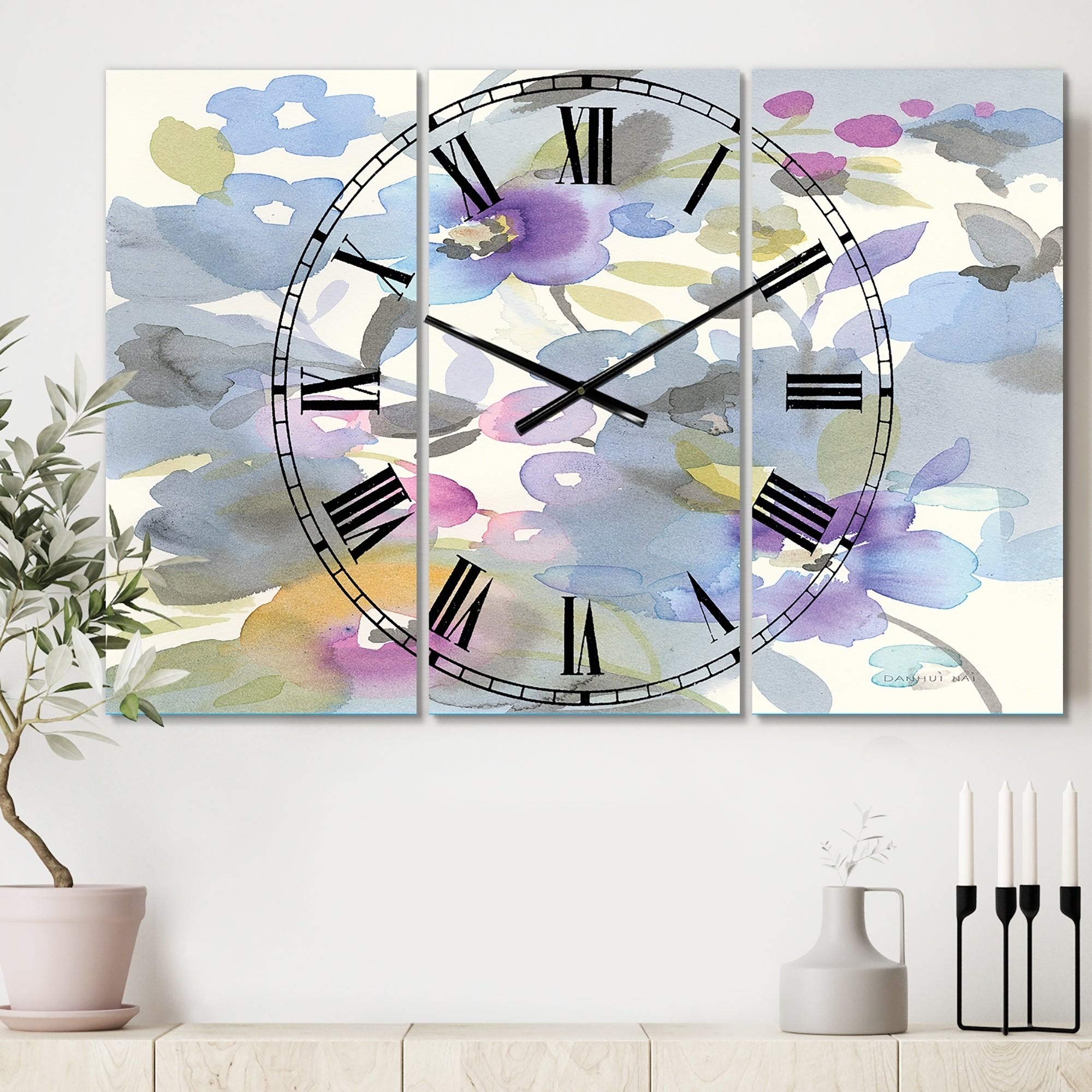 Designart 'Jewel Garden II' Cottage Style 3-Panel Large Wall Clock - 36