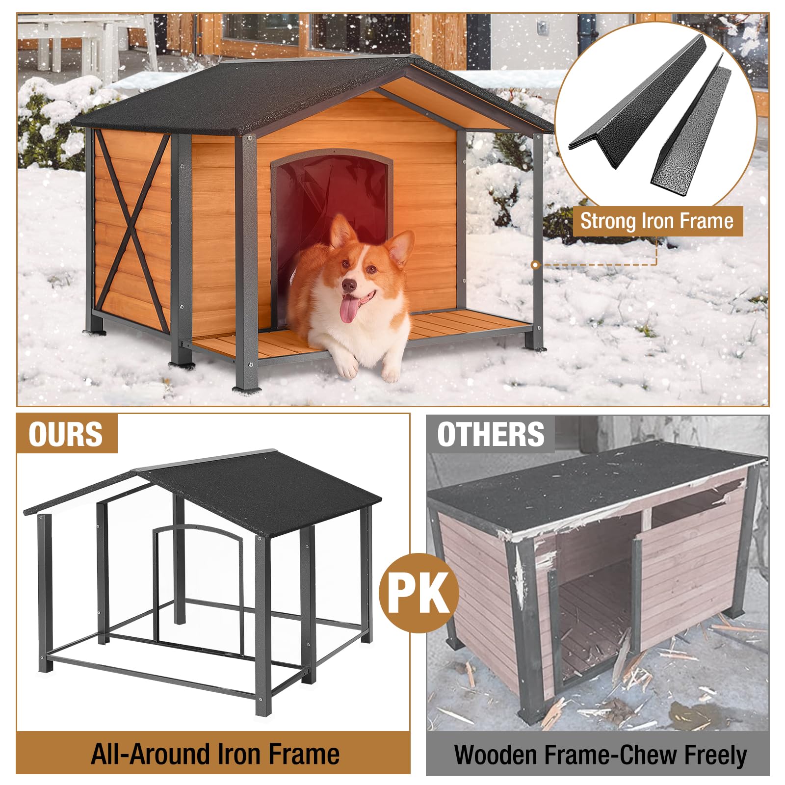 Heated Insulated Extra Large Outdoor Dog House with Liner & All-Around Iron Frame - Winter-Proof Warm Kennel for Large Dogs - Perfect for Backyard, Patio & Cold Weather Protection