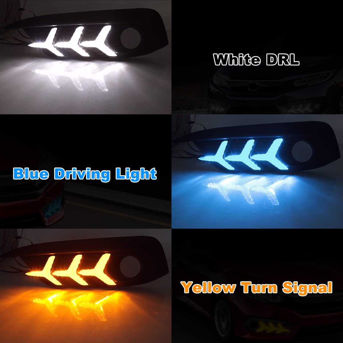 2016-2018 Honda Civic 10th Gen Sedan LED Daytime Running Lights with Amber Turn Signal - 3 Color DRL Fog Lights (Fish Bone Style) | Upgrade Your Ride for Enhanced Visibility & Style | Perfect for Night Driving & Custom Car Mods