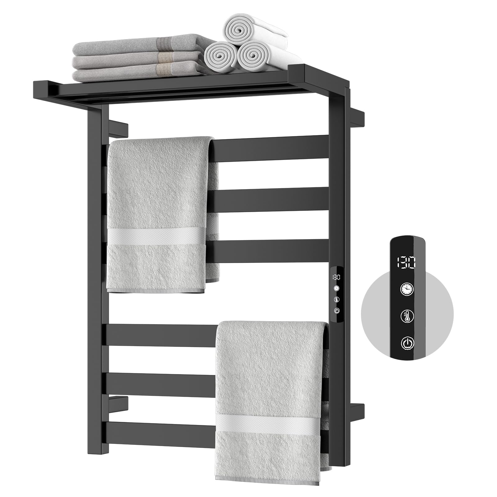 Stainless Steel Electric Heated Towel Warmer - 6 Bar Wall Mounted Bathroom Towel Rack with Built-in Timer | Hardwired & Plug-in Options | Black | Perfect for Bathrooms, Spas & Luxury Home Heating