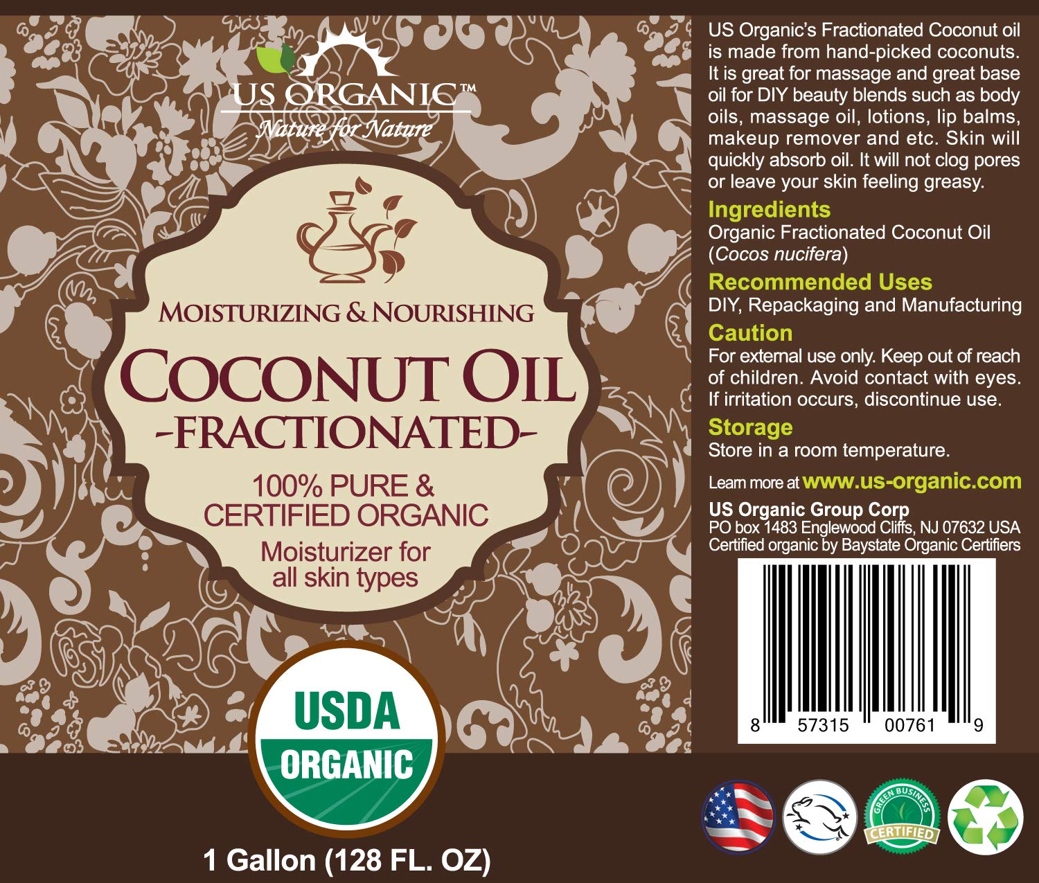 USDA Certified Organic Fractionated Coconut Oil - 100% Pure, Non-GMO, Hexane-Free (1 Gallon/128 oz) | Best for Massage, DIY Essential Oil Blends, Hair & Skin Care | Ideal for Aromatherapy, Natural Moisturizer & Spa Treatments