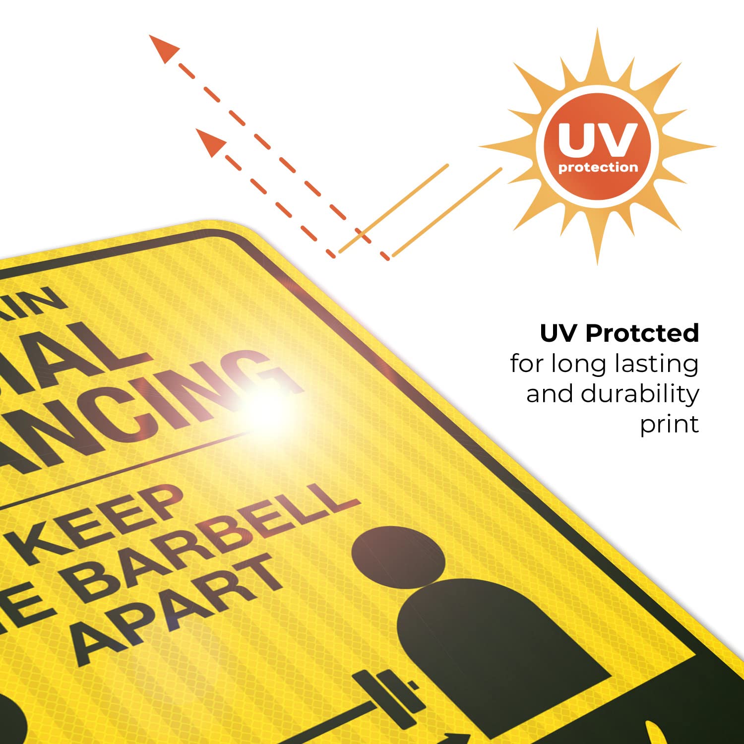 Social Distancing Sign - Keep One Barbell Apart at Least 6 Feet - 24x30 Inches Reflective Aluminum Sign - 3M EGP Coating, Fade Resistant - Made in USA - Perfect for Gyms, Workplaces & Public Spaces