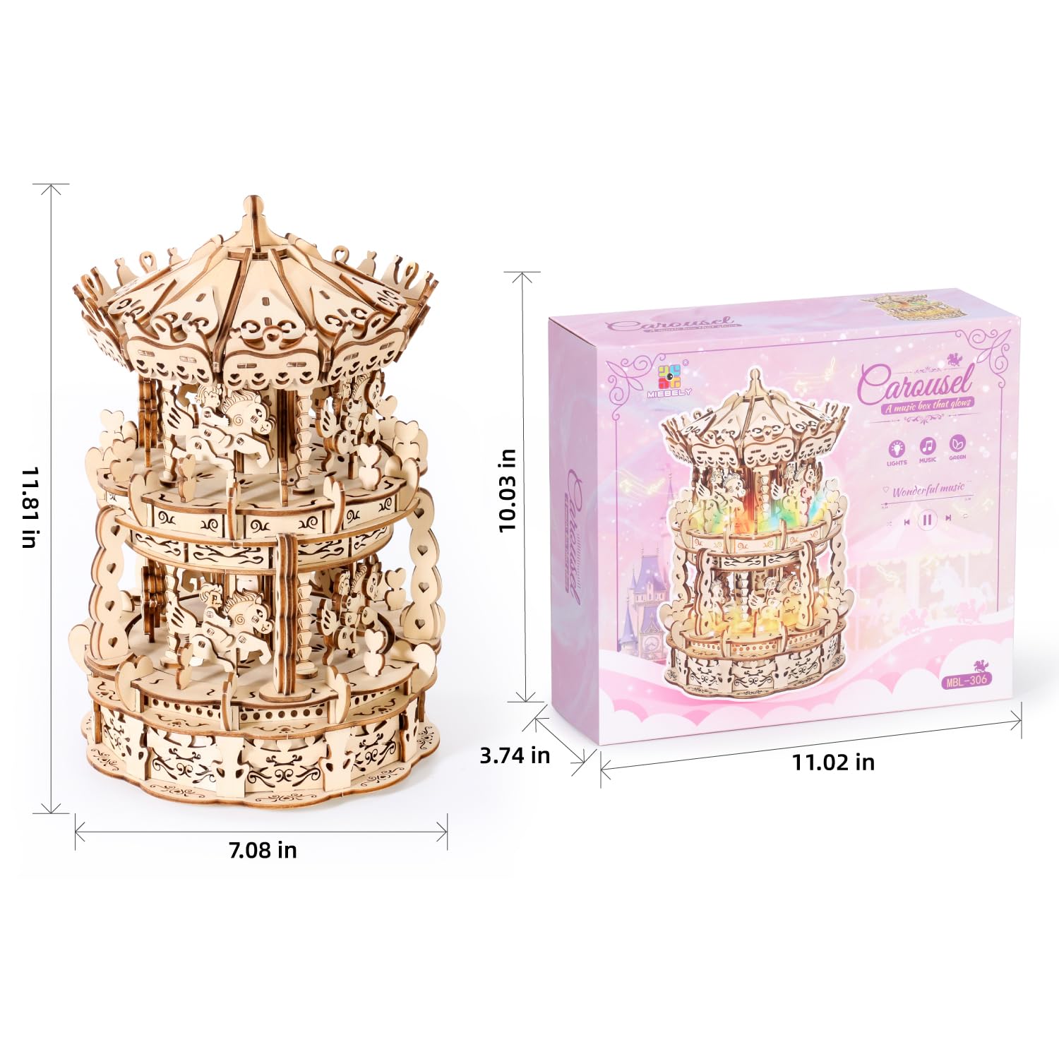 MIEBELY 3D Wooden Puzzle LED Carousel Music Box - DIY Craft Model Building Kit for Adults & Teens, Mechanical STEM Project, Christmas Gift for Kids Ages 8+, Desk Decor for Boys & Girls | Perfect for Home Decoration, Birthday Presents & Educational Activities