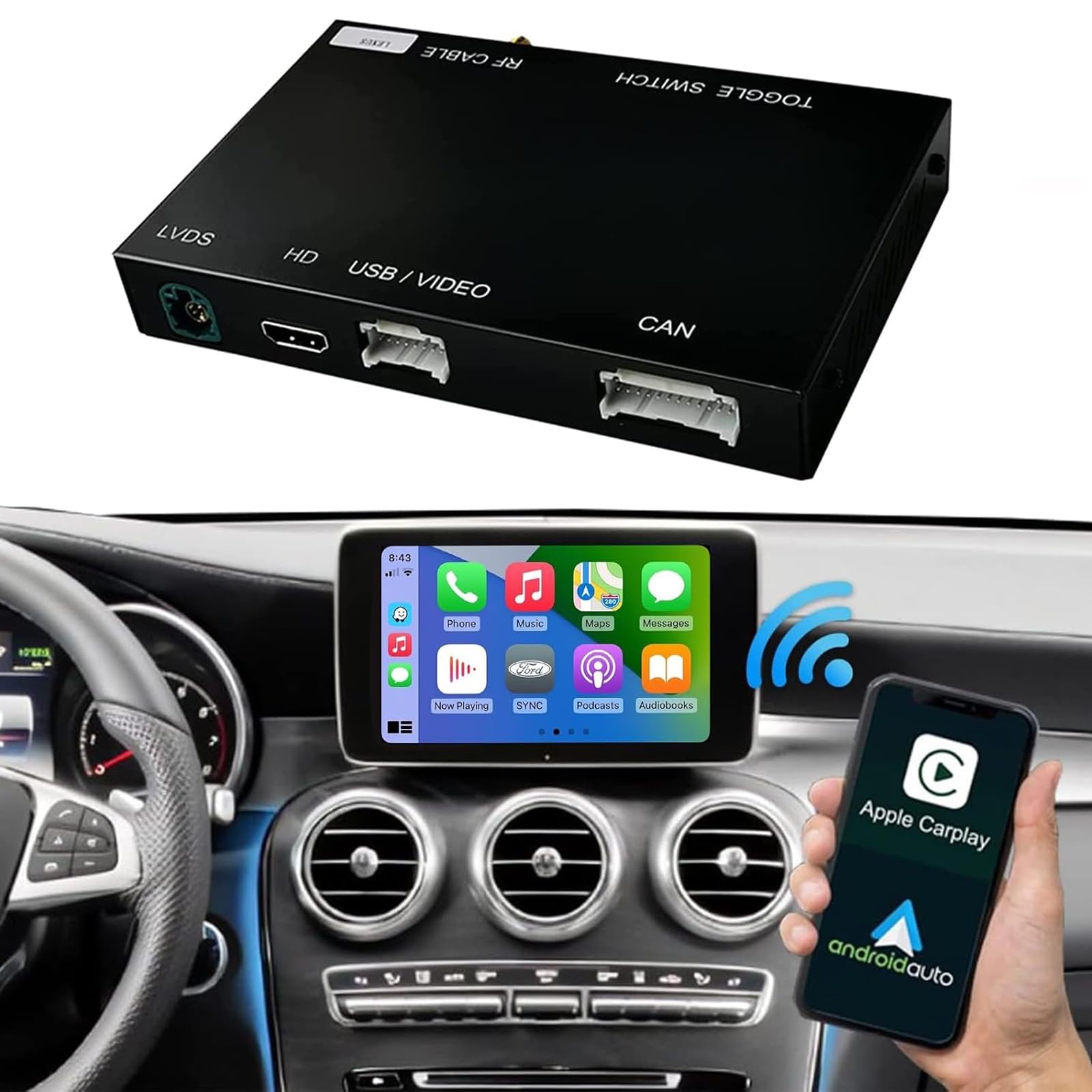 Road Top Wireless CarPlay & Android Auto Adapter for Mercedes Benz C-Class & GLC-Class W205 (2016-2018) with NTG5.0 - Supports MirrorLink, Navigation, Backup Camera & Siri - Perfect for Hands-Free Driving & Entertainment