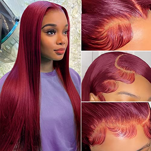 99J Burgundy Lace Front Wigs Human Hair 13x4 Straight 150% Density - HD Transparent Lace Frontal Wig with Natural Hairline for Black Women | Pre-Plucked Baby Hair, Glueless Design, Wine Red Color, 18 Inch Length | Perfect for Daily Wear, Parties, Cosplay and Special Occasions