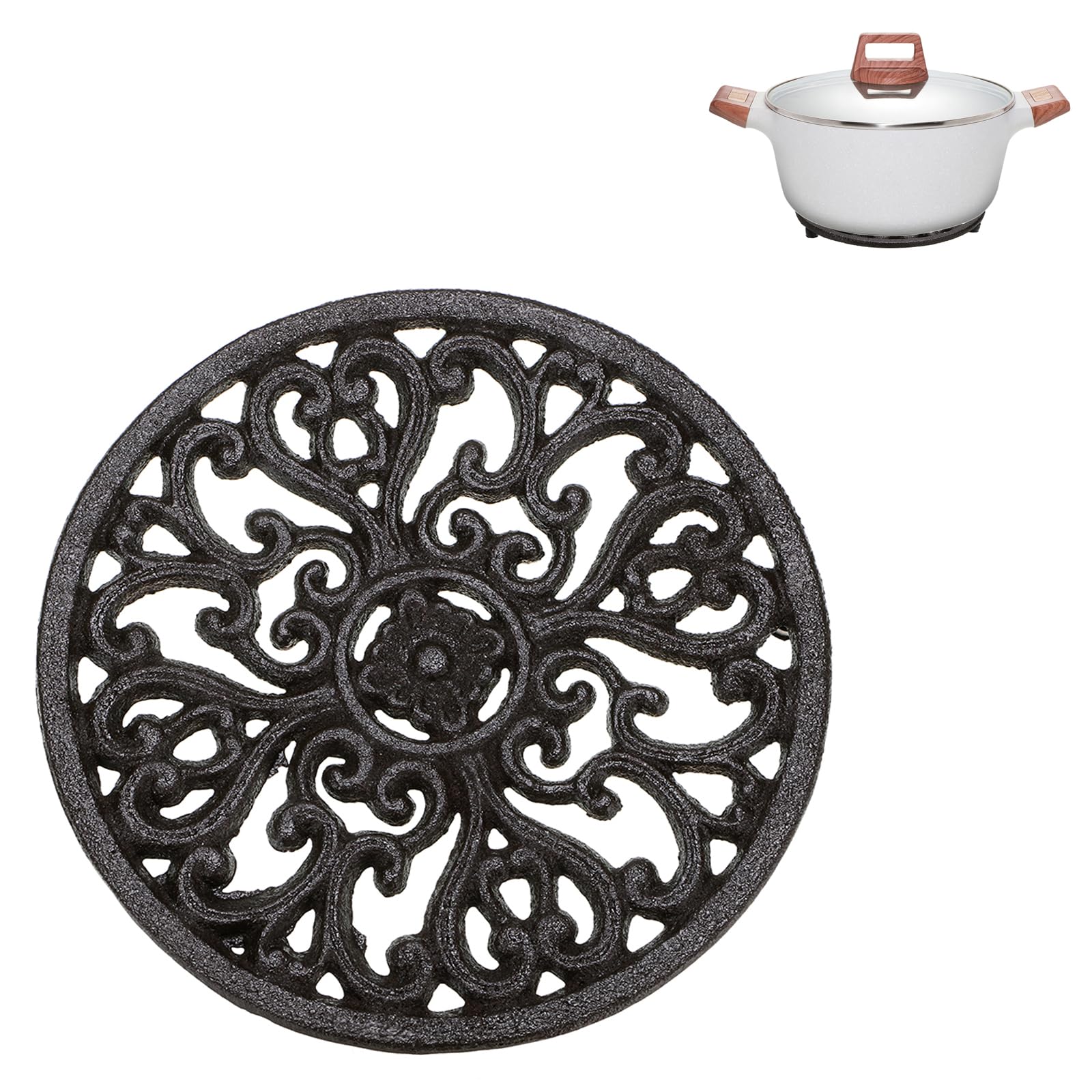 6.7 Inch Round Cast Iron Trivet - Heat Resistant Kitchen Trivet for Hot Pots, Pans & Dishes - Rustic Style Iron Plate Holder for Dining Table, Countertop & Cooktop - Perfect for Serving Hot Meals & Protecting Surfaces
