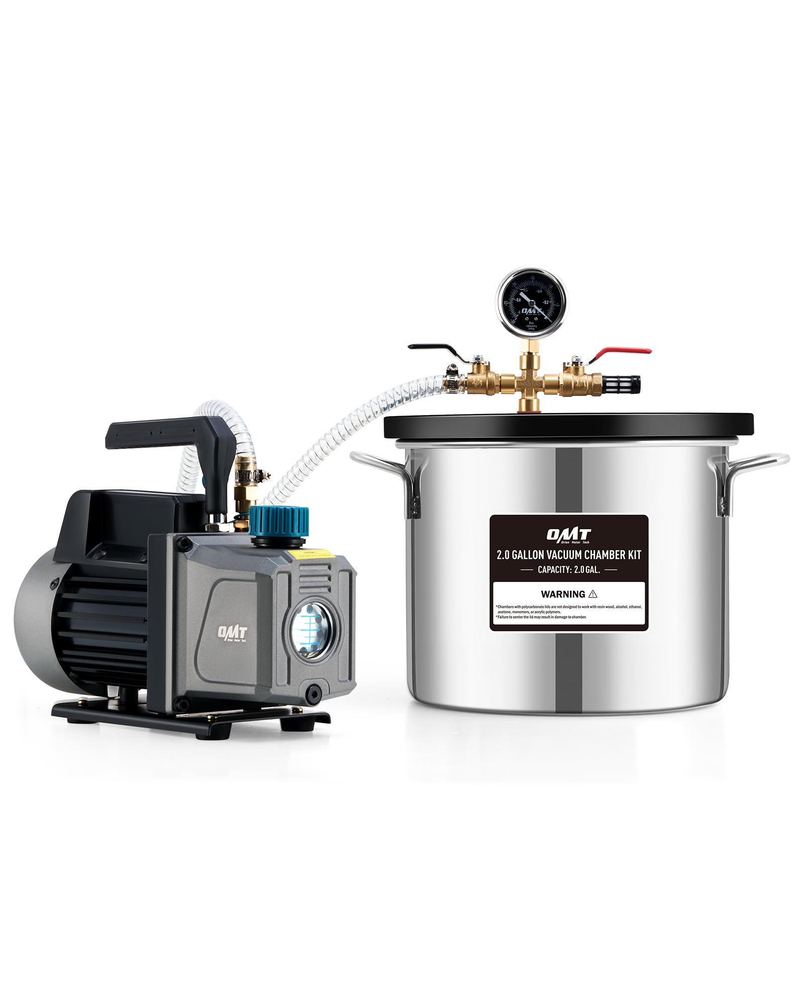 Orion Motor Tech 2 Gallon Vacuum Chamber Kit with 3.5 CFM Vacuum Pump, Tempered Glass Lid & 5ft Hose - Perfect for Wood Stabilization, Silicone Resin Degassing, Epoxy Casting & DIY Projects