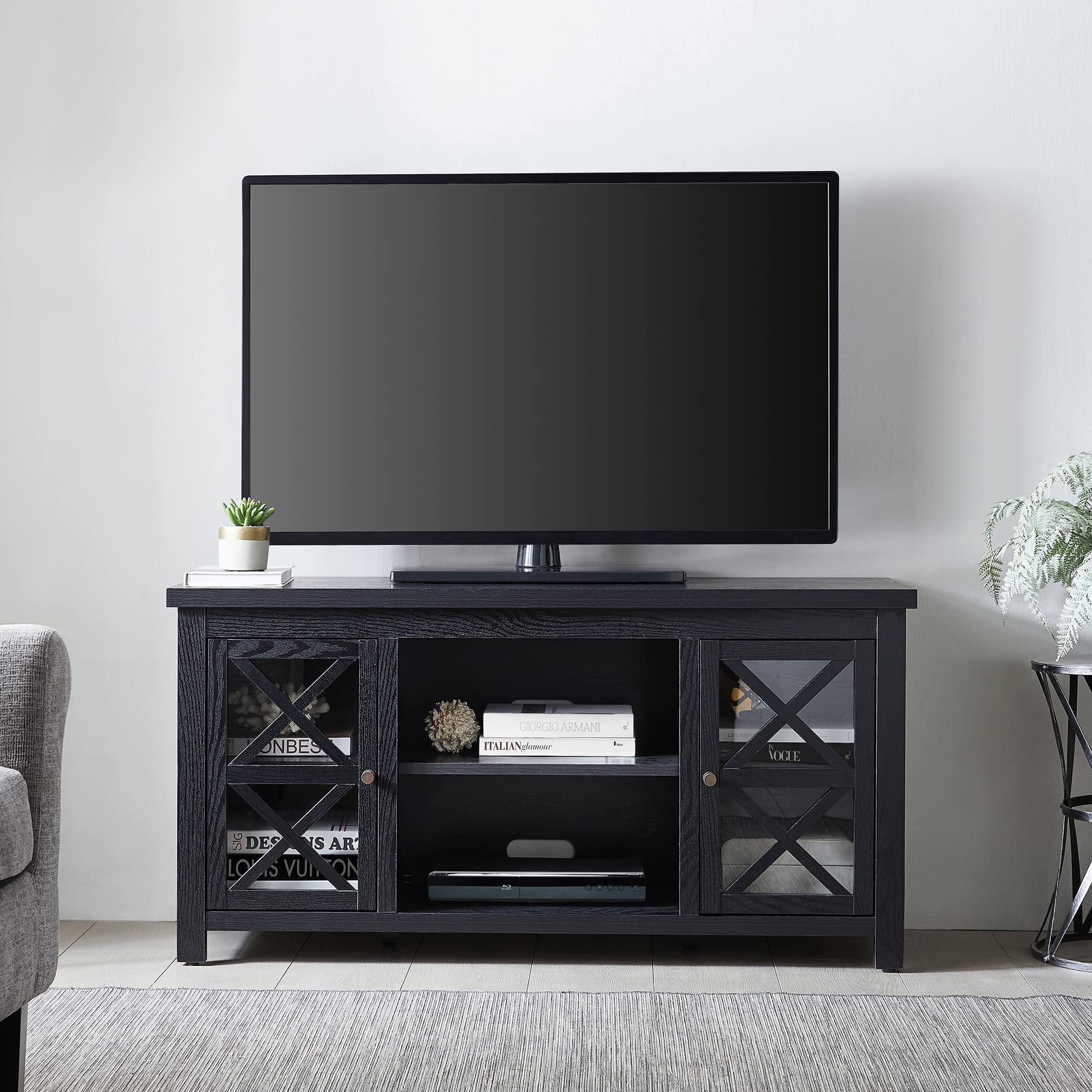 Henn&Hart 55 Inch TV Stand with Storage, Black Entertainment Center for Living Room - Perfect for Flat Screen TVs, Gaming Consoles & Home Theater Setup