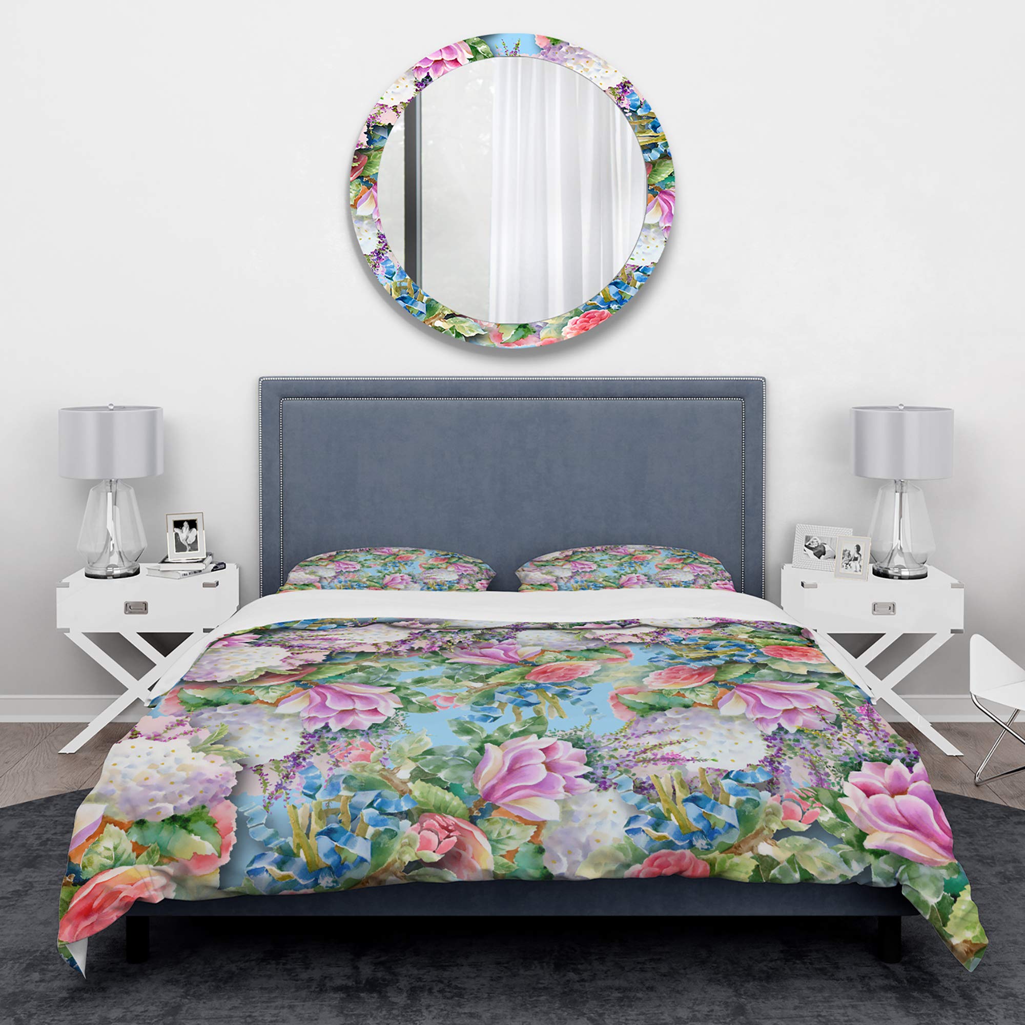 Blue Floral Duvet Cover Set King - Nautical Coastal Bedding for All Seasons