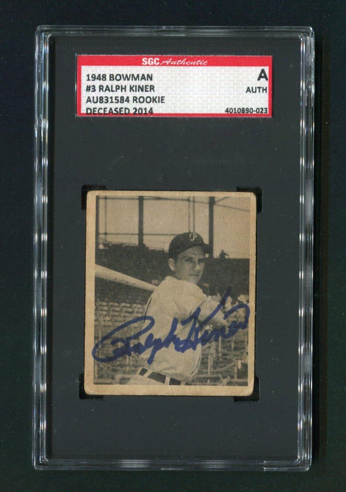 1948 Bowman Ralph Kiner #3 SGC Graded Signed Rookie Baseball Card - Rare Vintage Collectible for Sports Memorabilia Enthusiasts and Display