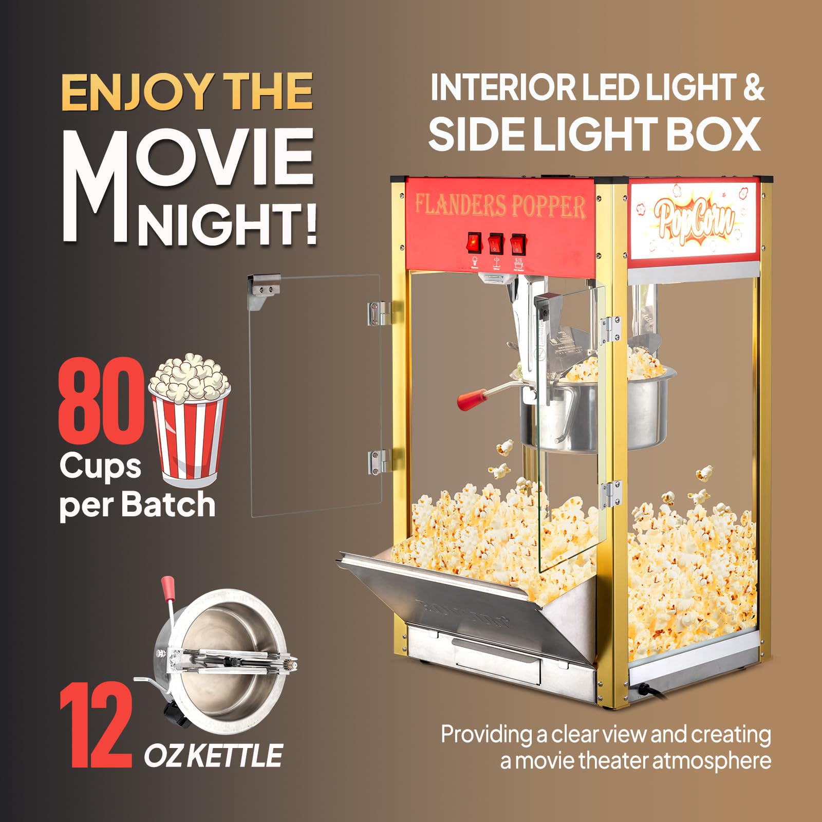 ROVSUN 12oz Commercial Popcorn Machine - Makes 80 Cups, Countertop Popcorn Popper with Stainless Steel Scoop & Oil Spoon - Perfect for Home Theater, Parties & Movie Nights (Red)
