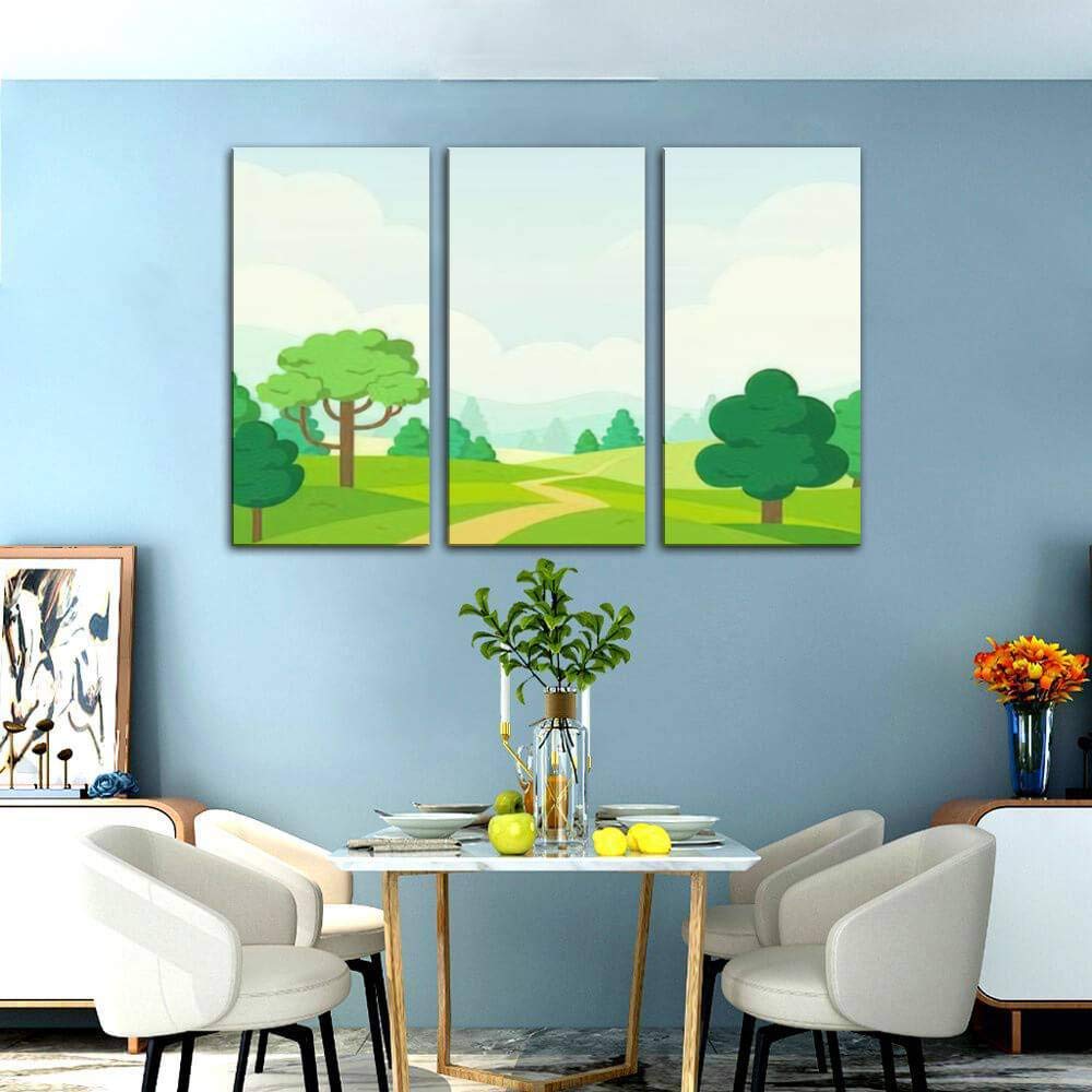Vector Nature Landscape Canvas Wall Art - Simple Cartoon Style Paintings for Living Room & Bedroom Decor - 3 Panel Home Wall Decor Posters - Perfect for Modern Housewarming Gifts & Cozy Interior Design