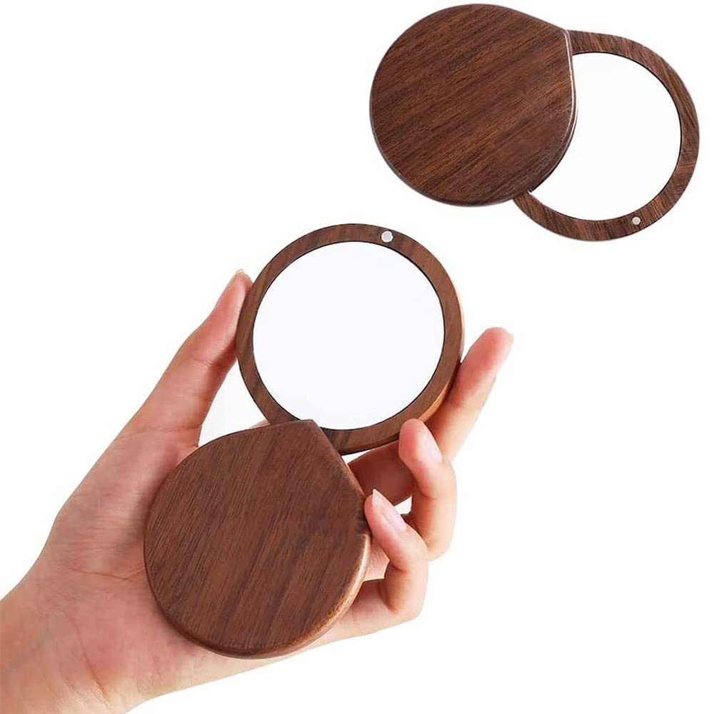QOMOLANGMA 10-Pack Small Compact Wooden Makeup Mirror - Portable Folding Handheld Mirror for Engraving, DIY Gifts, Travel, Purse & Vanity Use