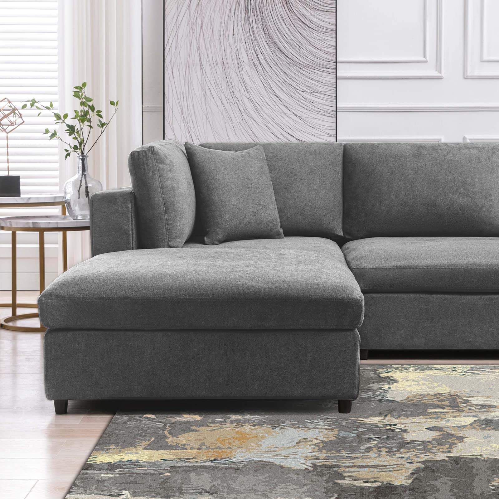 BALUS Modern Convertible 4-Seat Sectional Sofa with Wood Legs - Corner Sleeper Sofa Couch, Modular Living Room Furniture in Light Grey - Perfect for Small Spaces, Apartments & Home Theater Seating