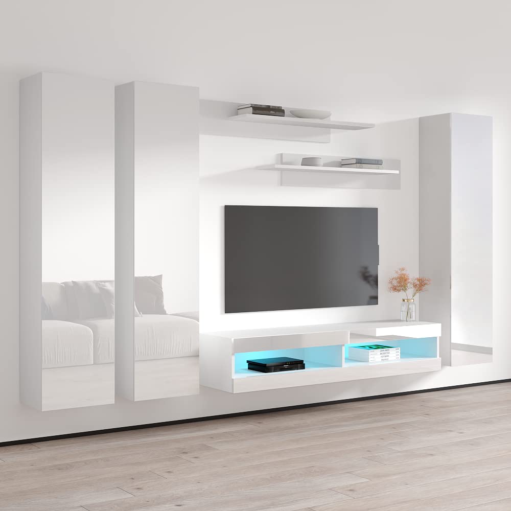 Modern White Wall-Mounted TV Stand with Storage Shelves & LED Lights - 34