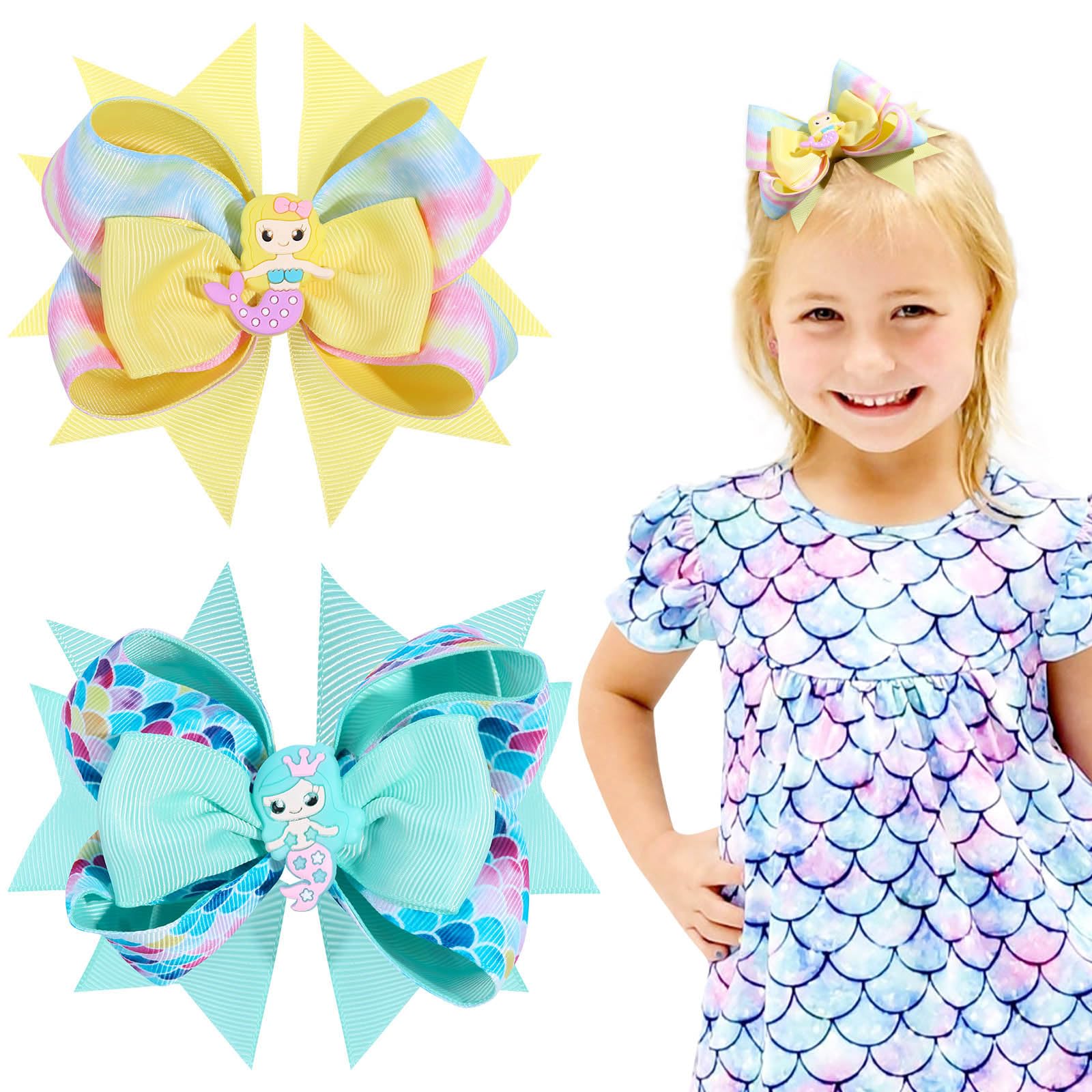 Oaoleer 2 Pack 4.5 Inch Mermaid Hair Bows for Girls - Grosgrain Ribbon Hair Clips with Alligator Clips - Cute Hair Accessories for Toddlers Kids Teens (Yellow+Green) - Perfect for Birthday Parties School Events Dance Recitals