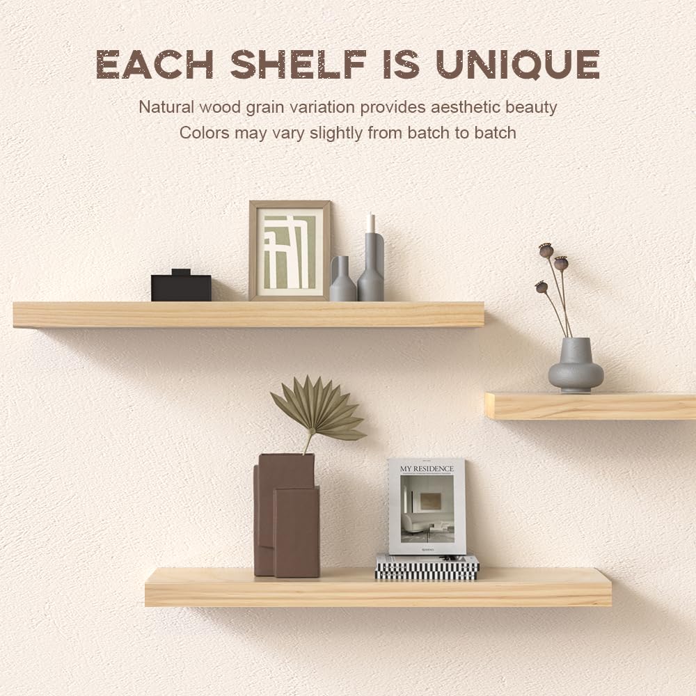 Habudda Floating Shelves Set of 2 - 30 Inch Rustic Wood Wall Shelves for Bathroom, Bedroom & Kitchen - Solid Wood Bookshelf with Invisible Brackets - Natural Varnished Home Decor for Plants, Photos & Display (Perfect for Small Space Organization & Stylish Home Decor)