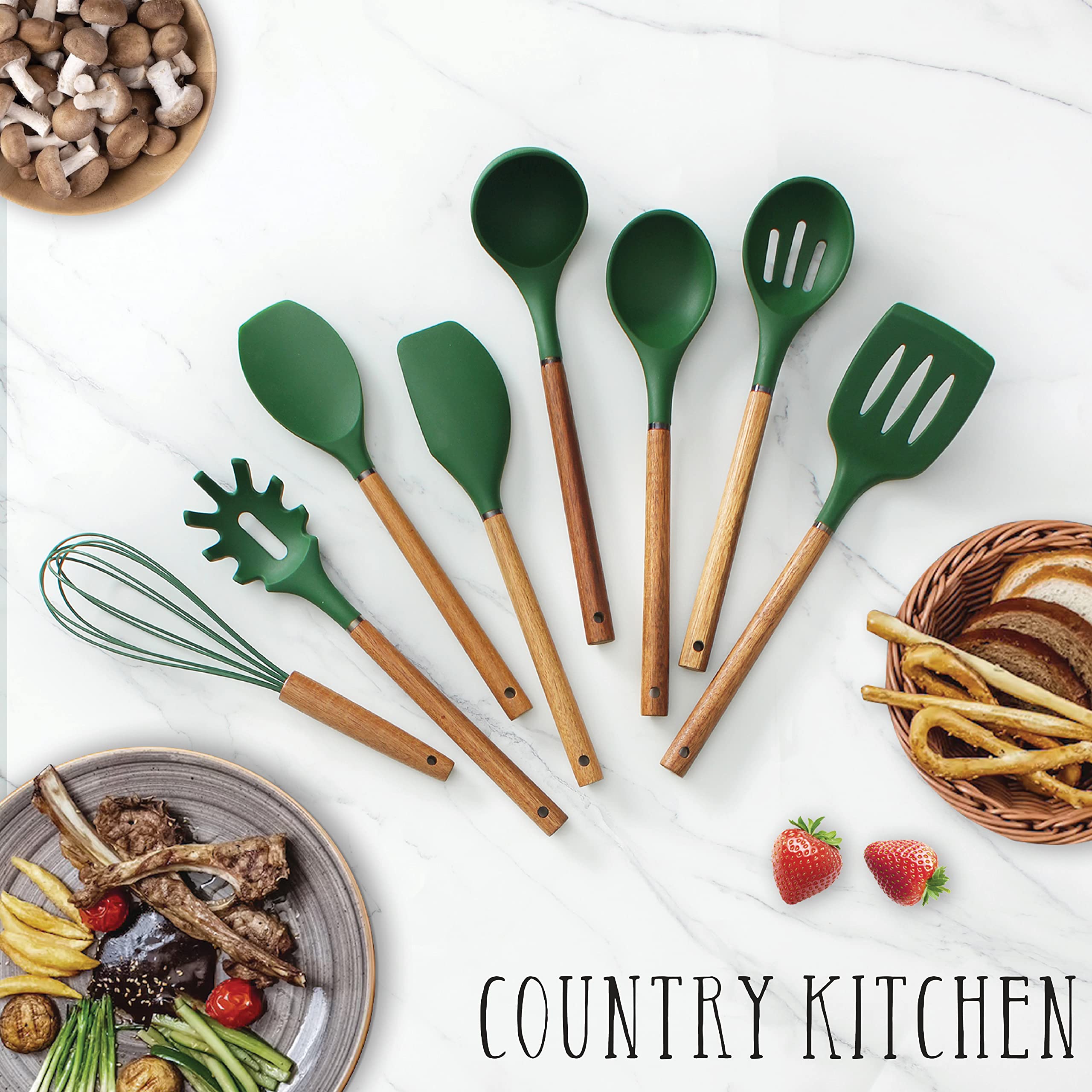 Non-Stick Silicone Cooking Utensil Set with Wooden Handles - 8-Piece Kitchen Tool Set for Baking, Frying & Stirring - Heat Resistant & Dishwasher Safe - Perfect for Home Chefs & Baking Enthusiasts