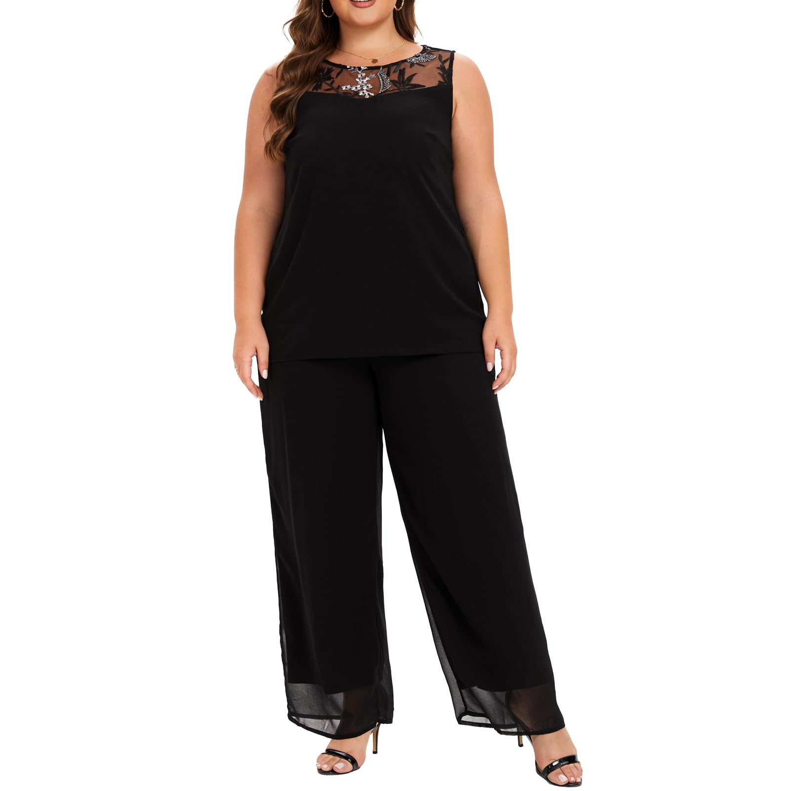 Plus Size Wedding Pant Suits for Women - 3 Piece Chiffon Mother of The Bride/Groom Outfit - Elegant Evening Gowns for Wedding Parties, Receptions & Special Occasions