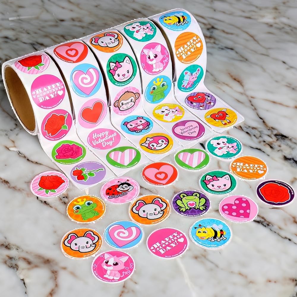 Valentine's Day Stickers Bulk Pack - 5 Rolls, 100 Stickers Each (500 Total) - Heart, Love & Cute Designs for Scrapbooking, DIY Cards, Gift Wrapping & Party Decorations