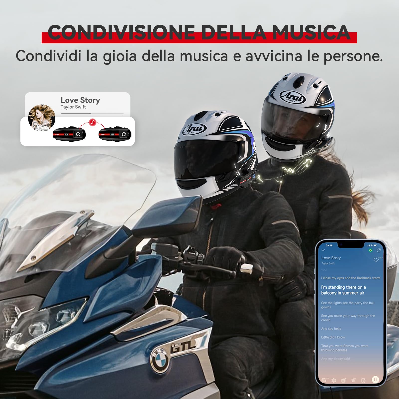 Motorcycle Bluetooth Headset V5.2 - Wireless Helmet Intercom with Music Sharing & IP67 Waterproof - Dual Rider Communication System with Deep Bass for Snowmobile, ATV, Skiing - Perfect for Adventure Riding & Group Tours (1 Pack)